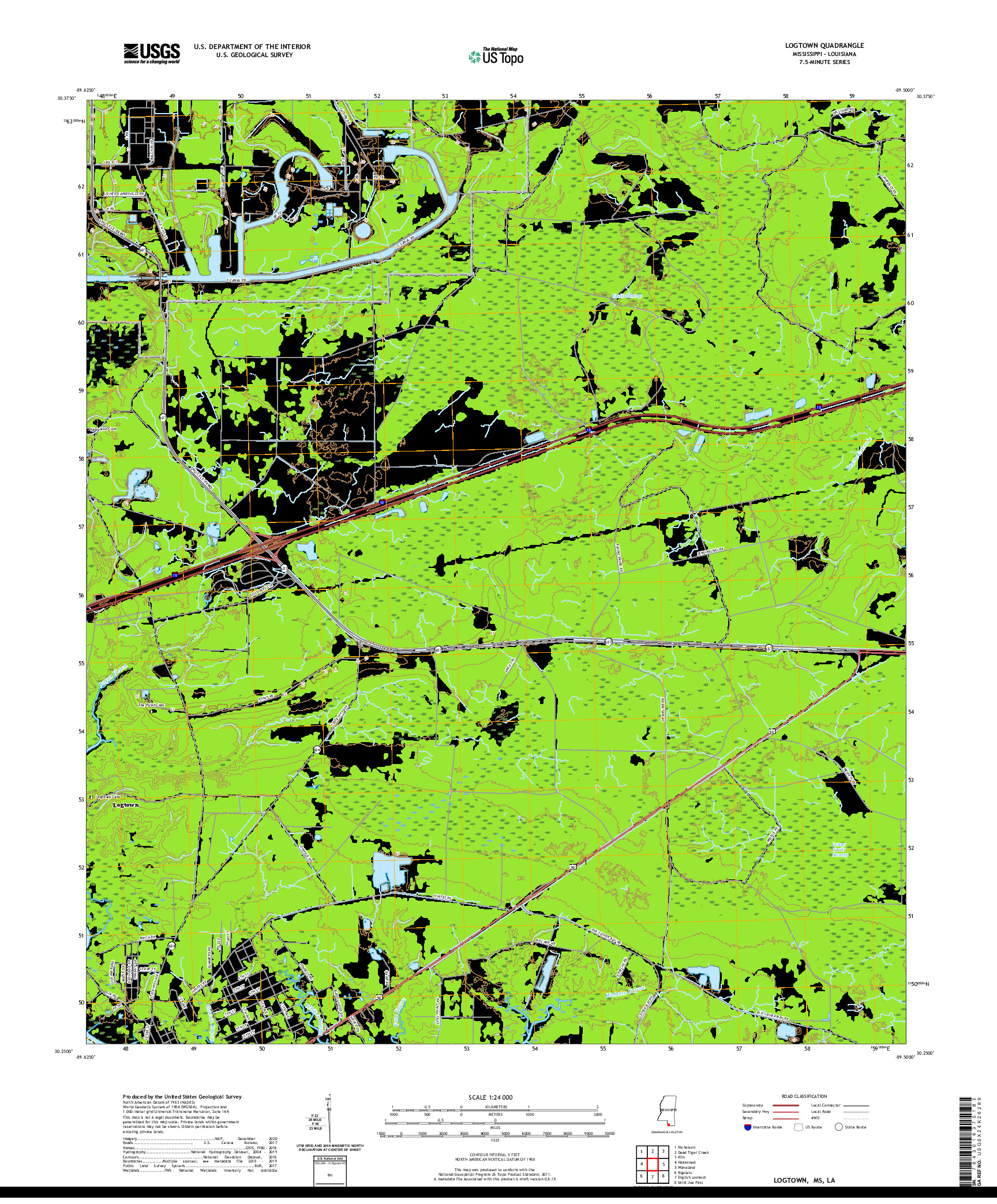USGS US TOPO 7.5-MINUTE MAP FOR LOGTOWN, MS,LA 2021