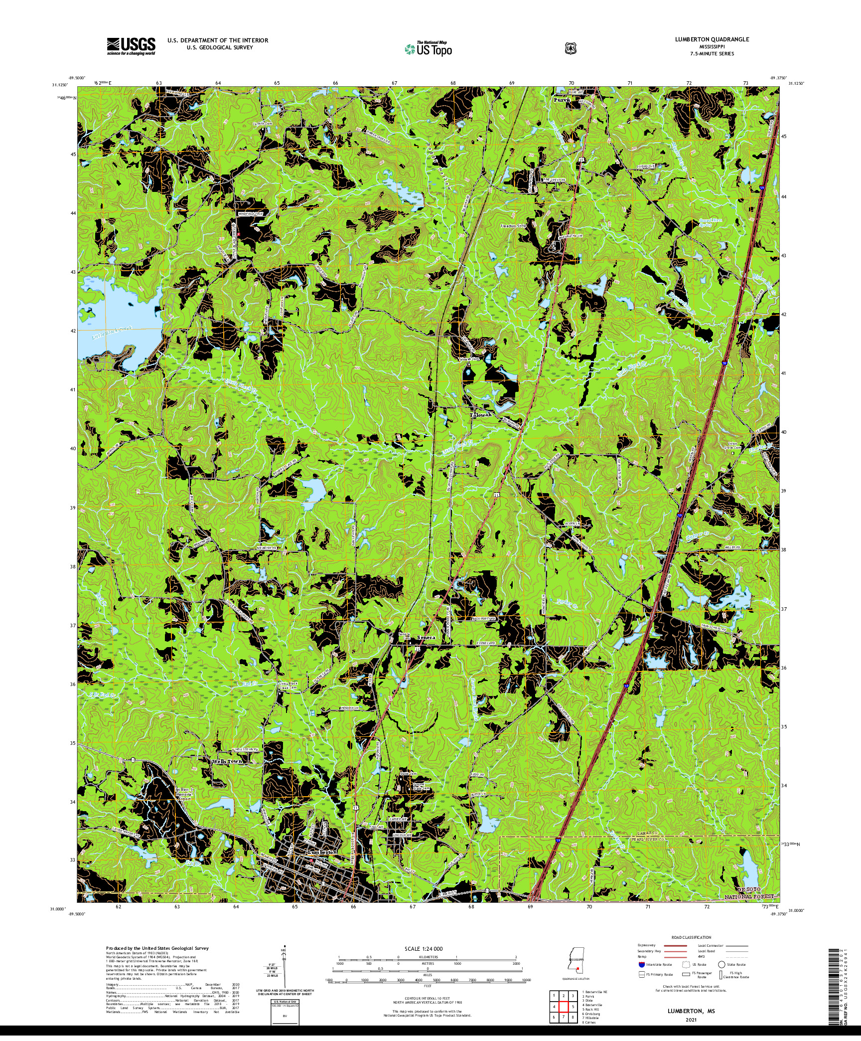 USGS US TOPO 7.5-MINUTE MAP FOR LUMBERTON, MS 2021