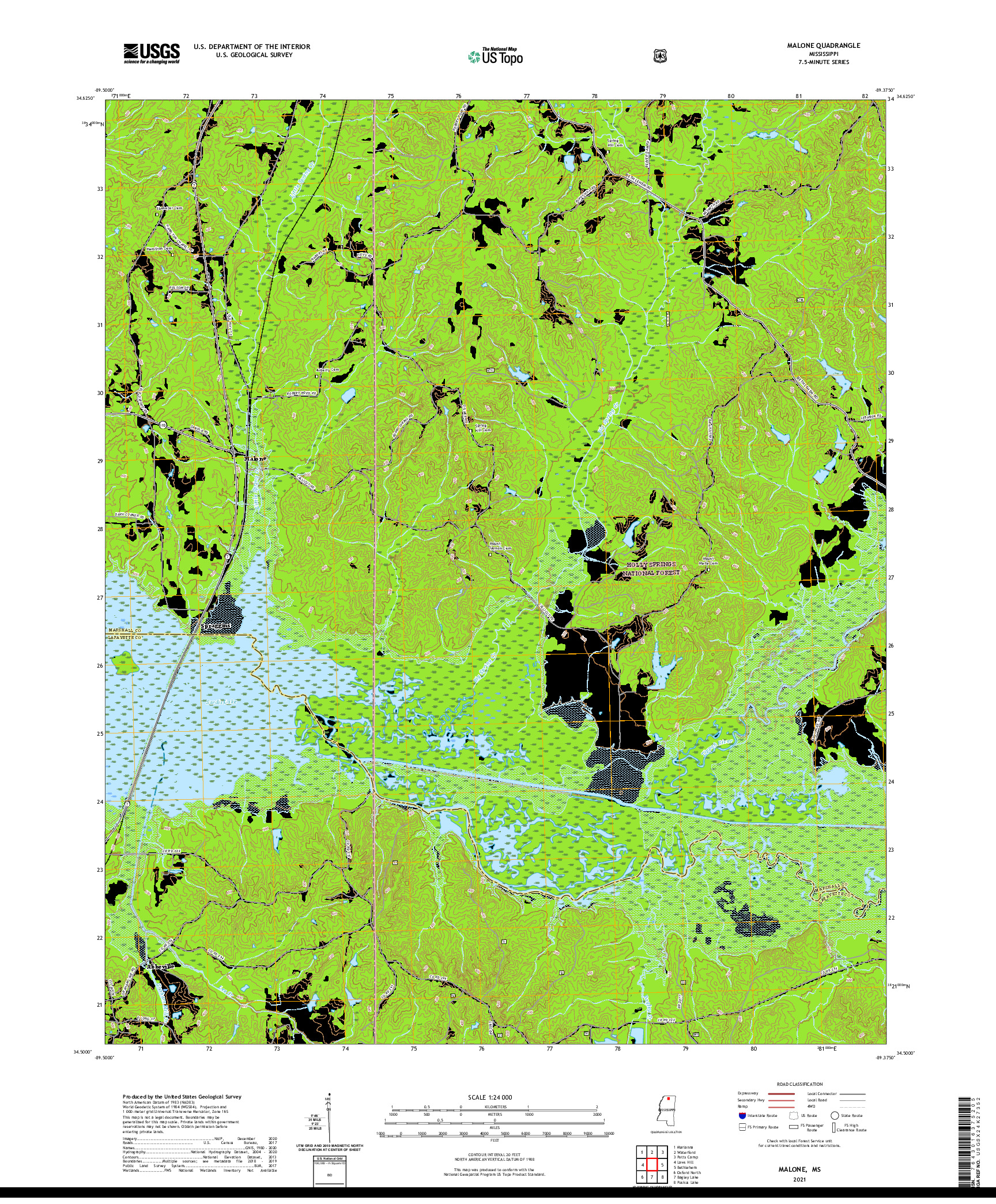 USGS US TOPO 7.5-MINUTE MAP FOR MALONE, MS 2021