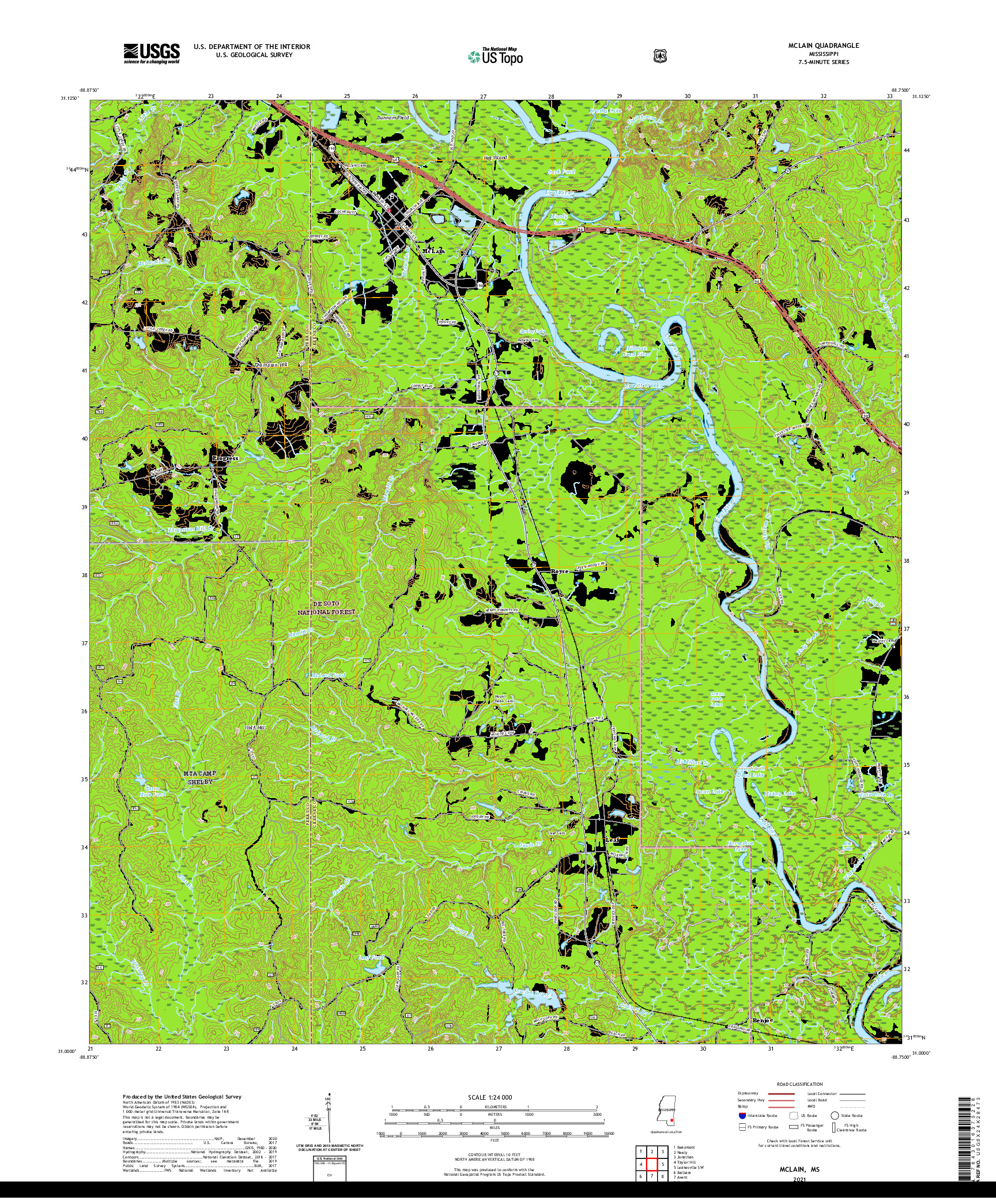 USGS US TOPO 7.5-MINUTE MAP FOR MCLAIN, MS 2021