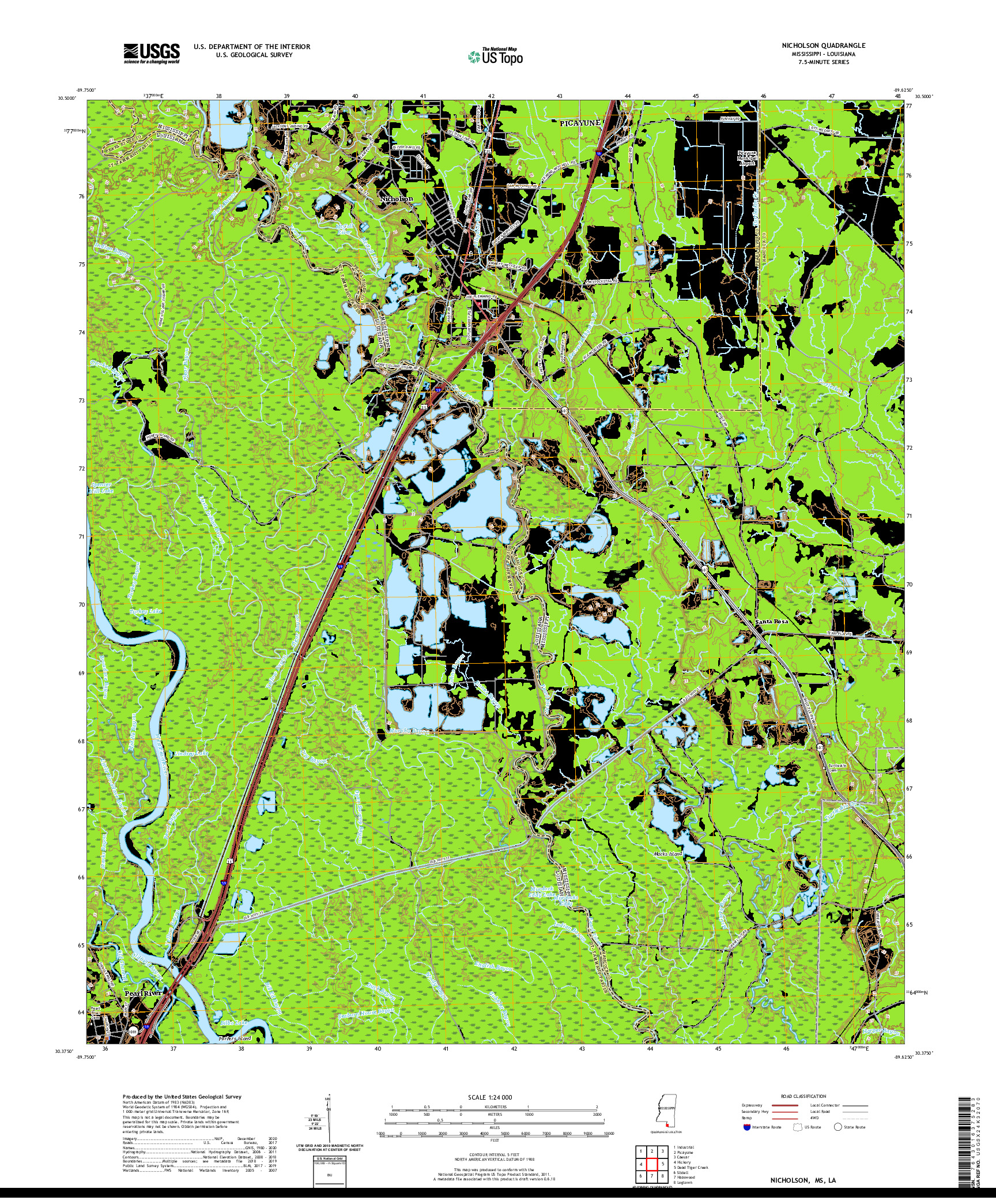 USGS US TOPO 7.5-MINUTE MAP FOR NICHOLSON, MS,LA 2021