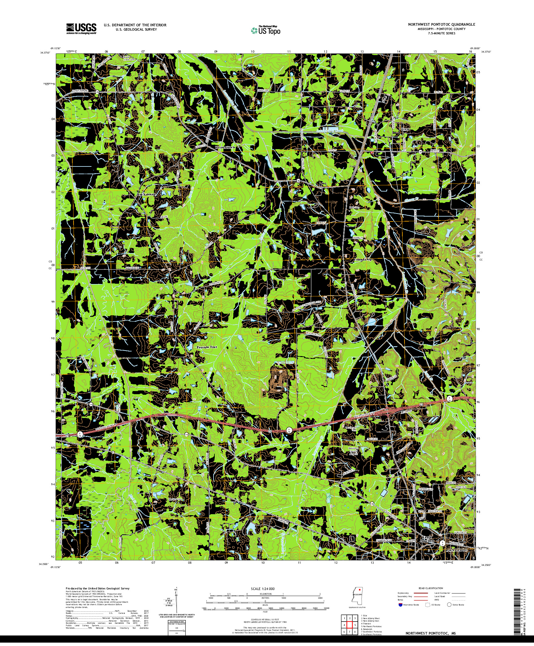 USGS US TOPO 7.5-MINUTE MAP FOR NORTHWEST PONTOTOC, MS 2021