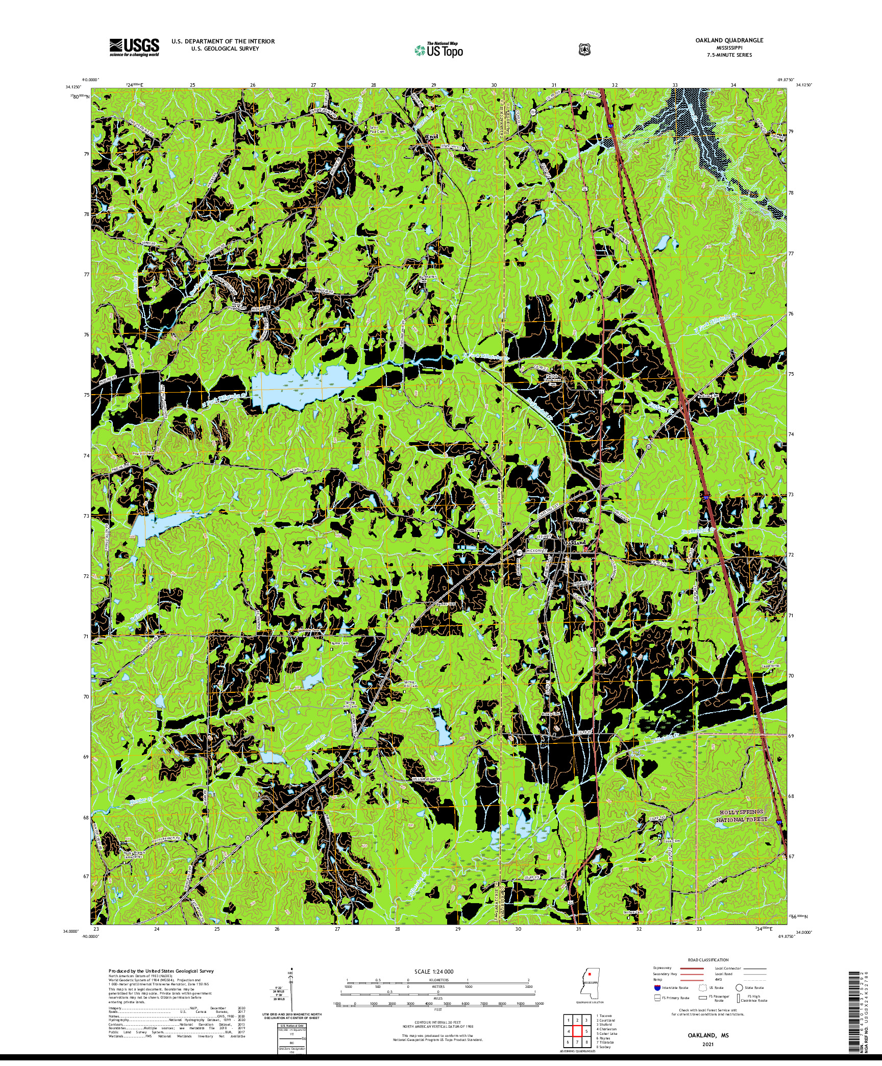 USGS US TOPO 7.5-MINUTE MAP FOR OAKLAND, MS 2021