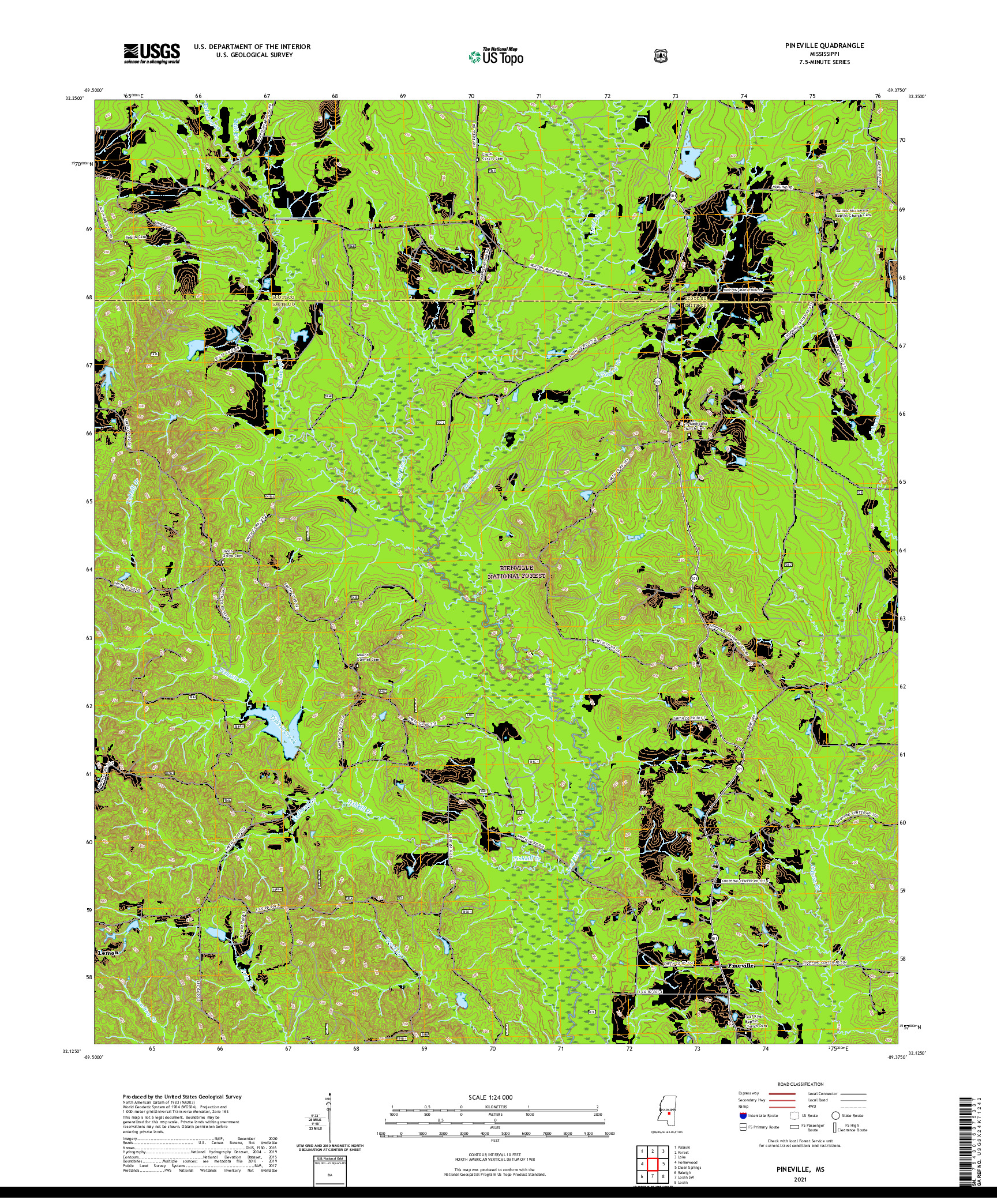USGS US TOPO 7.5-MINUTE MAP FOR PINEVILLE, MS 2021