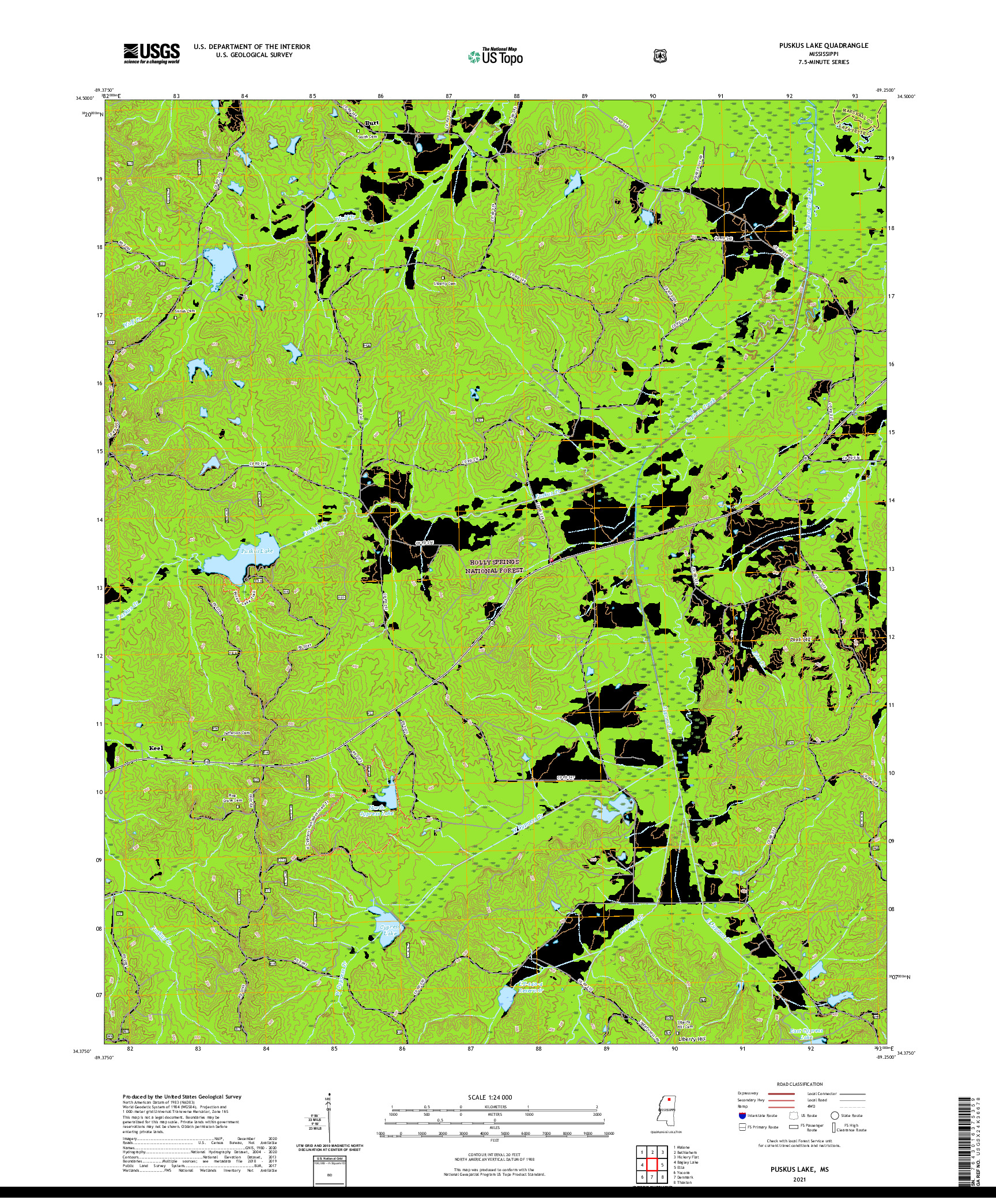 USGS US TOPO 7.5-MINUTE MAP FOR PUSKUS LAKE, MS 2021