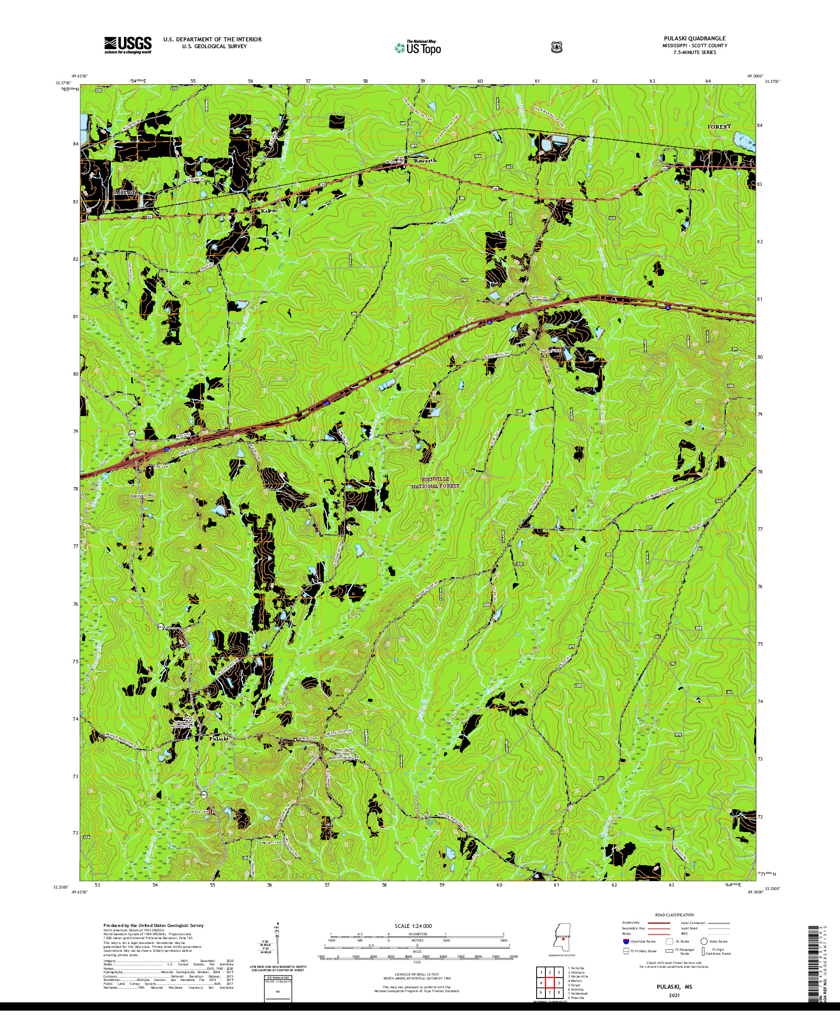 USGS US TOPO 7.5-MINUTE MAP FOR PULASKI, MS 2021