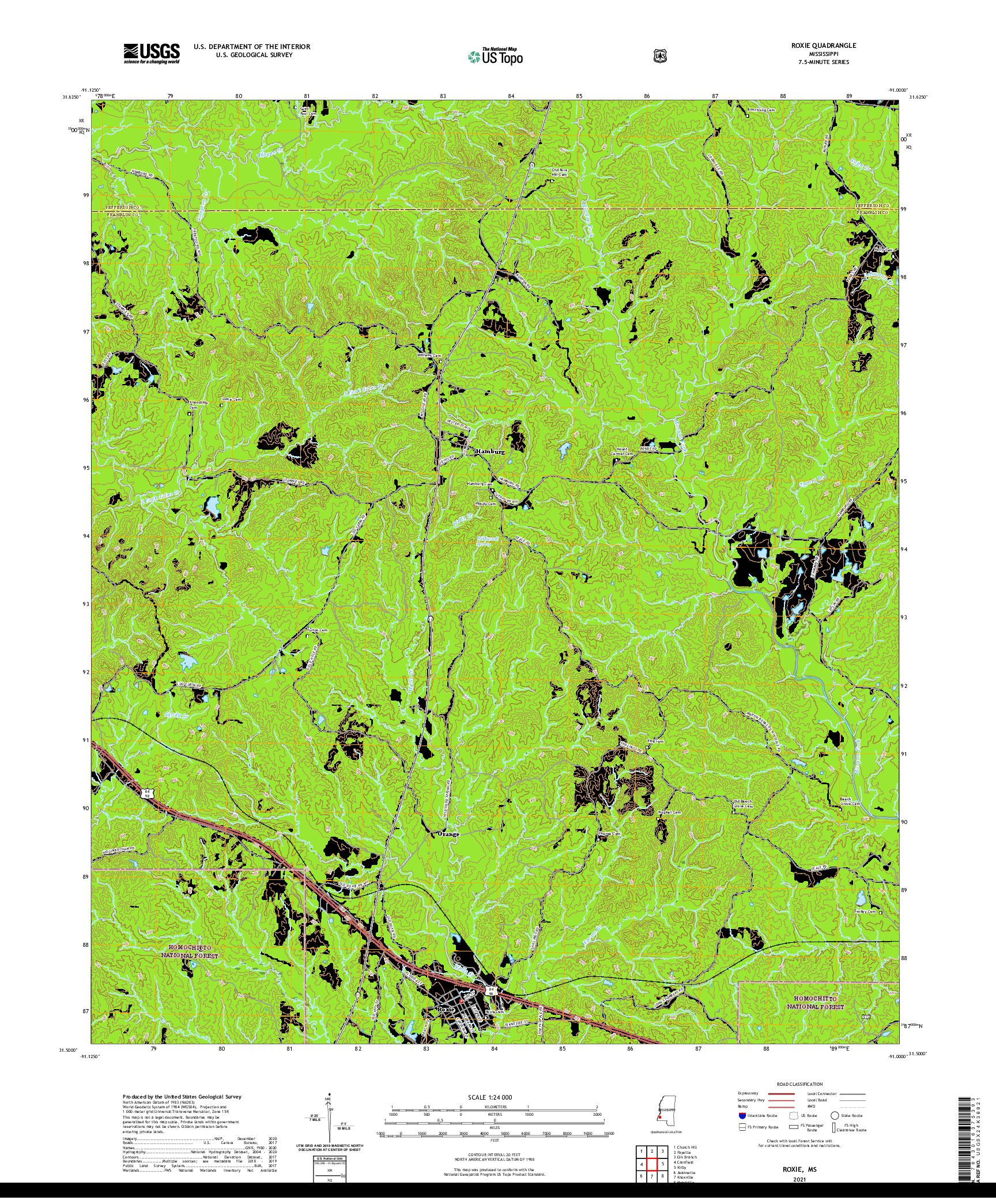 USGS US TOPO 7.5-MINUTE MAP FOR ROXIE, MS 2021