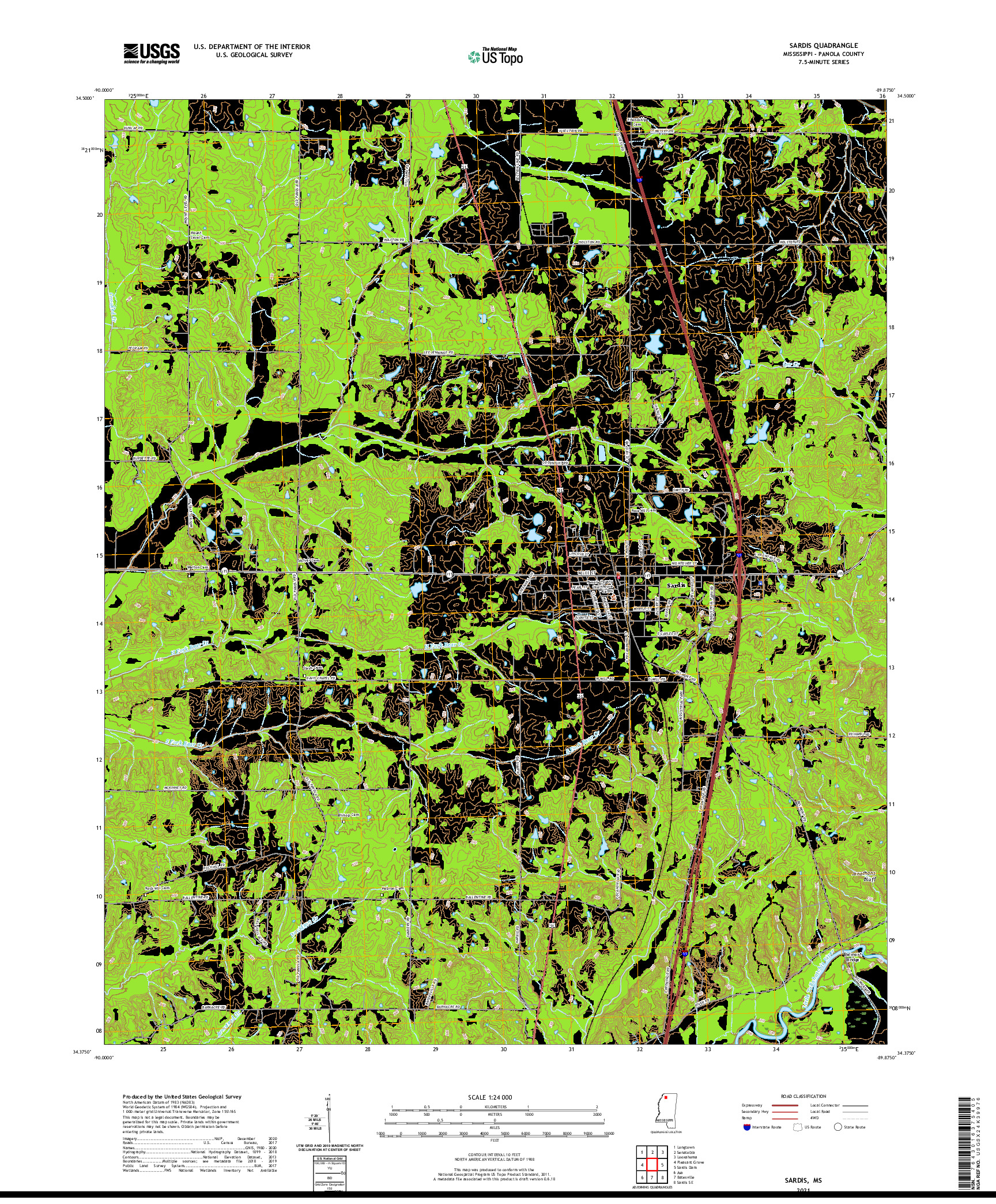USGS US TOPO 7.5-MINUTE MAP FOR SARDIS, MS 2021