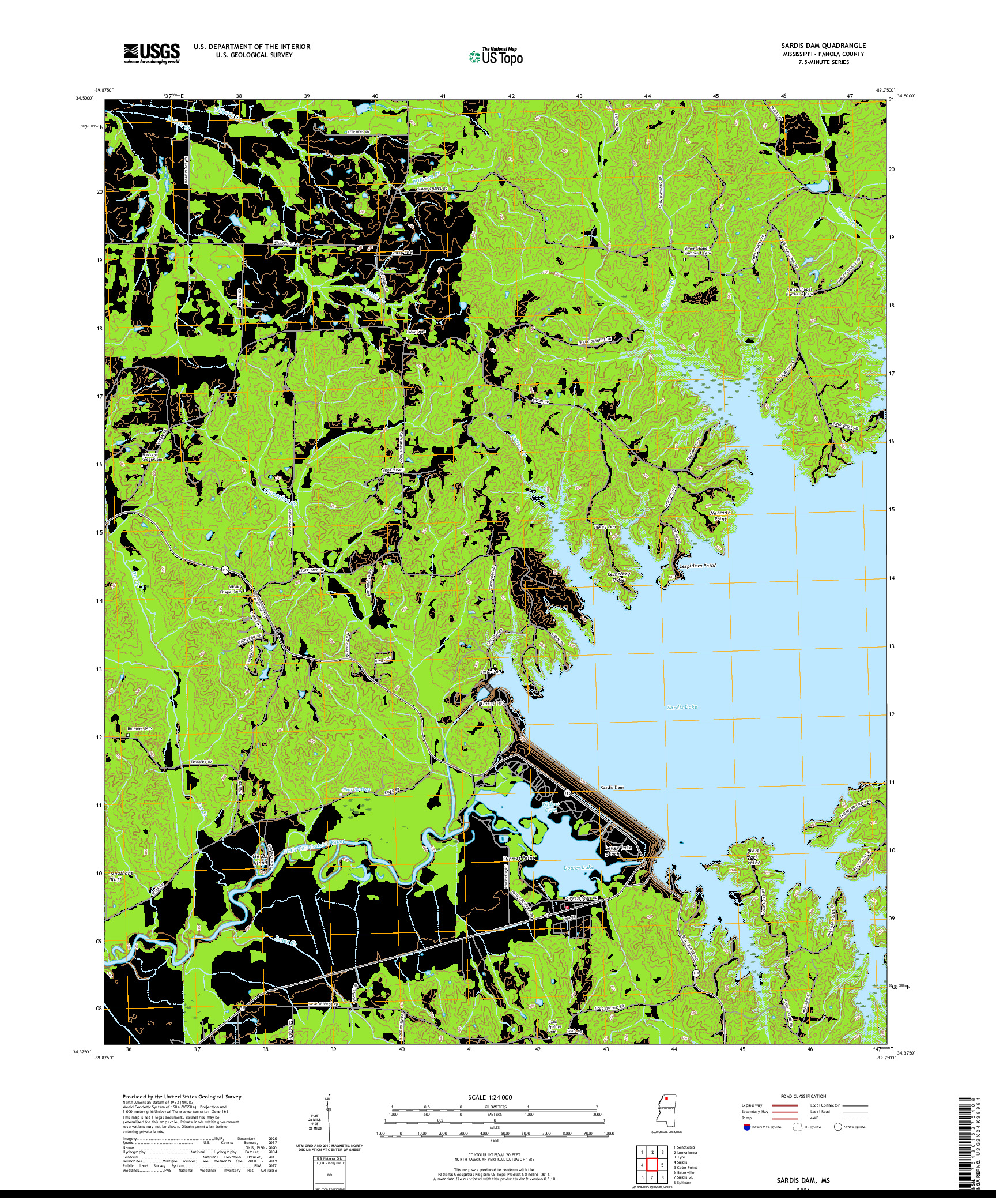 USGS US TOPO 7.5-MINUTE MAP FOR SARDIS DAM, MS 2021