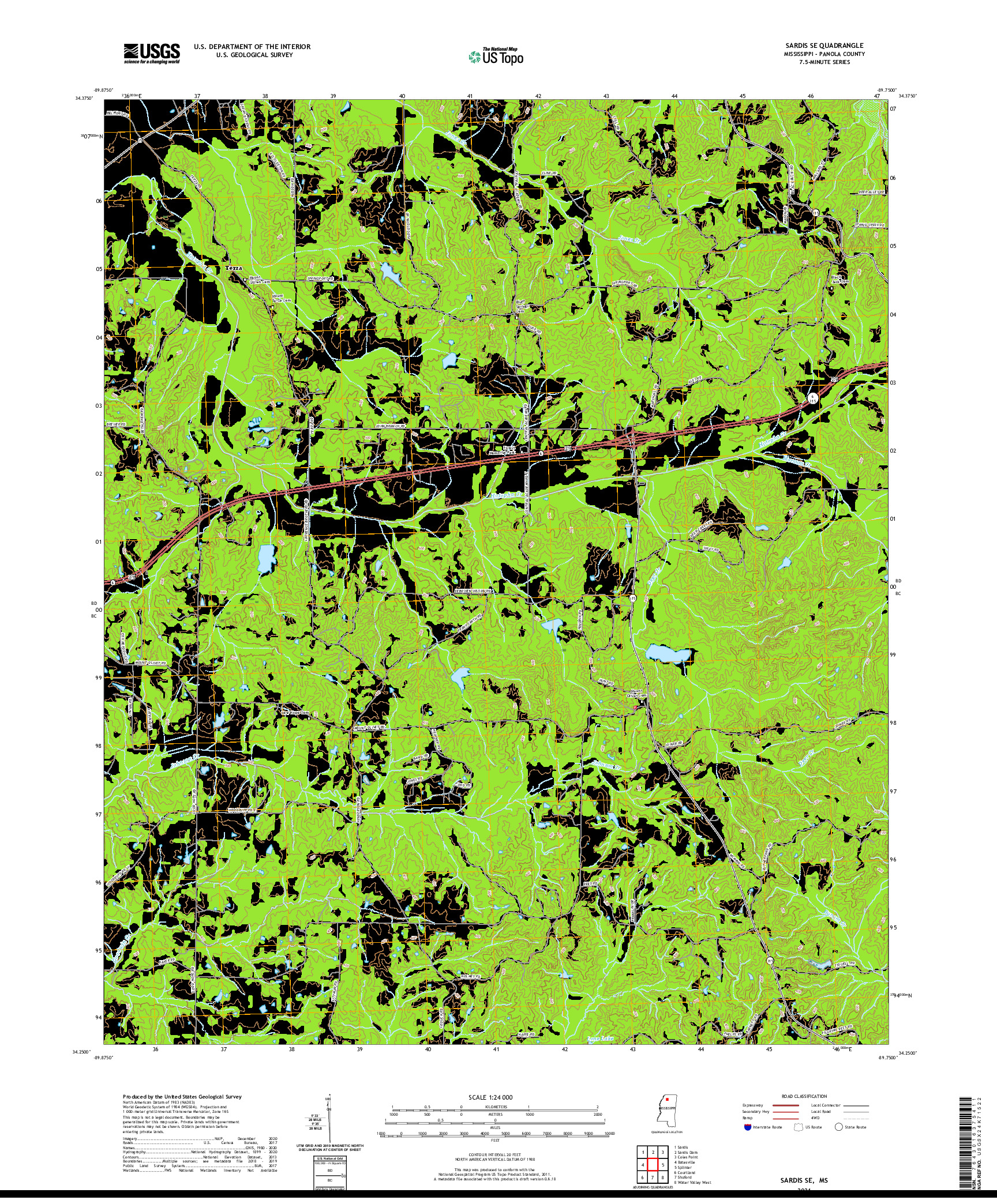 USGS US TOPO 7.5-MINUTE MAP FOR SARDIS SE, MS 2021