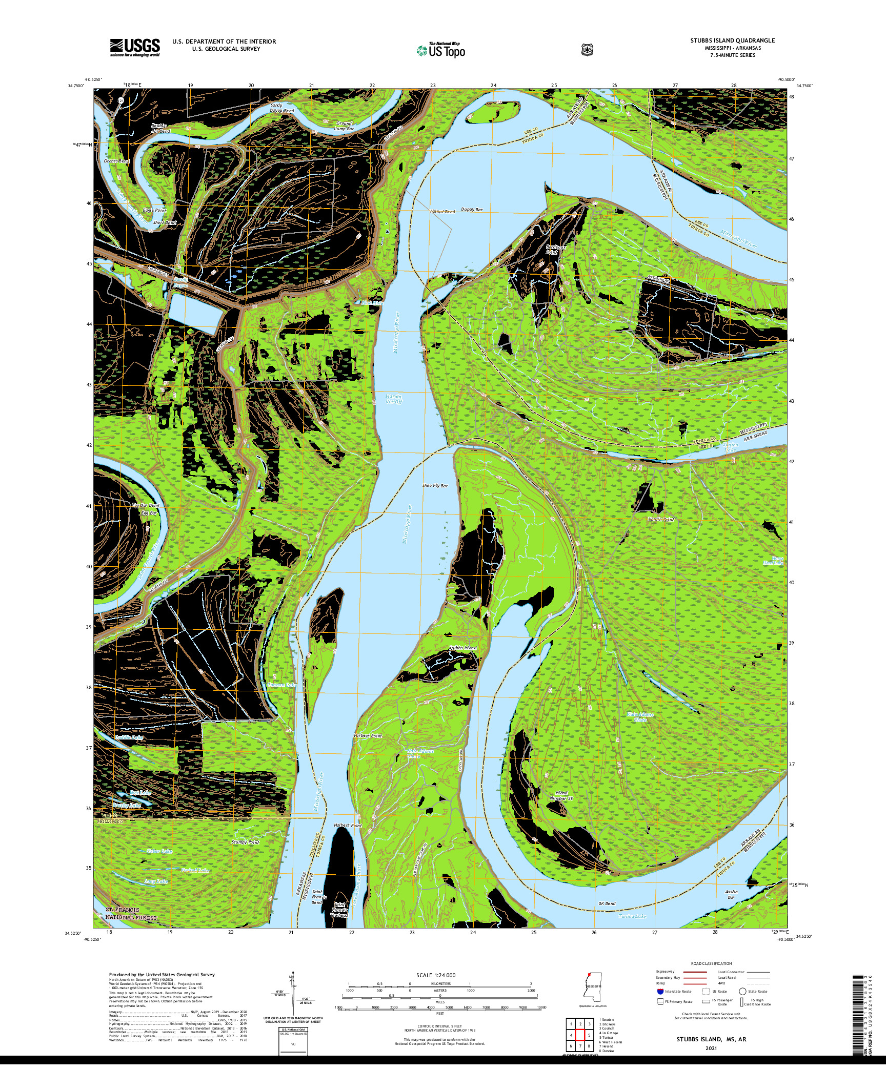 USGS US TOPO 7.5-MINUTE MAP FOR STUBBS ISLAND, MS,AR 2021