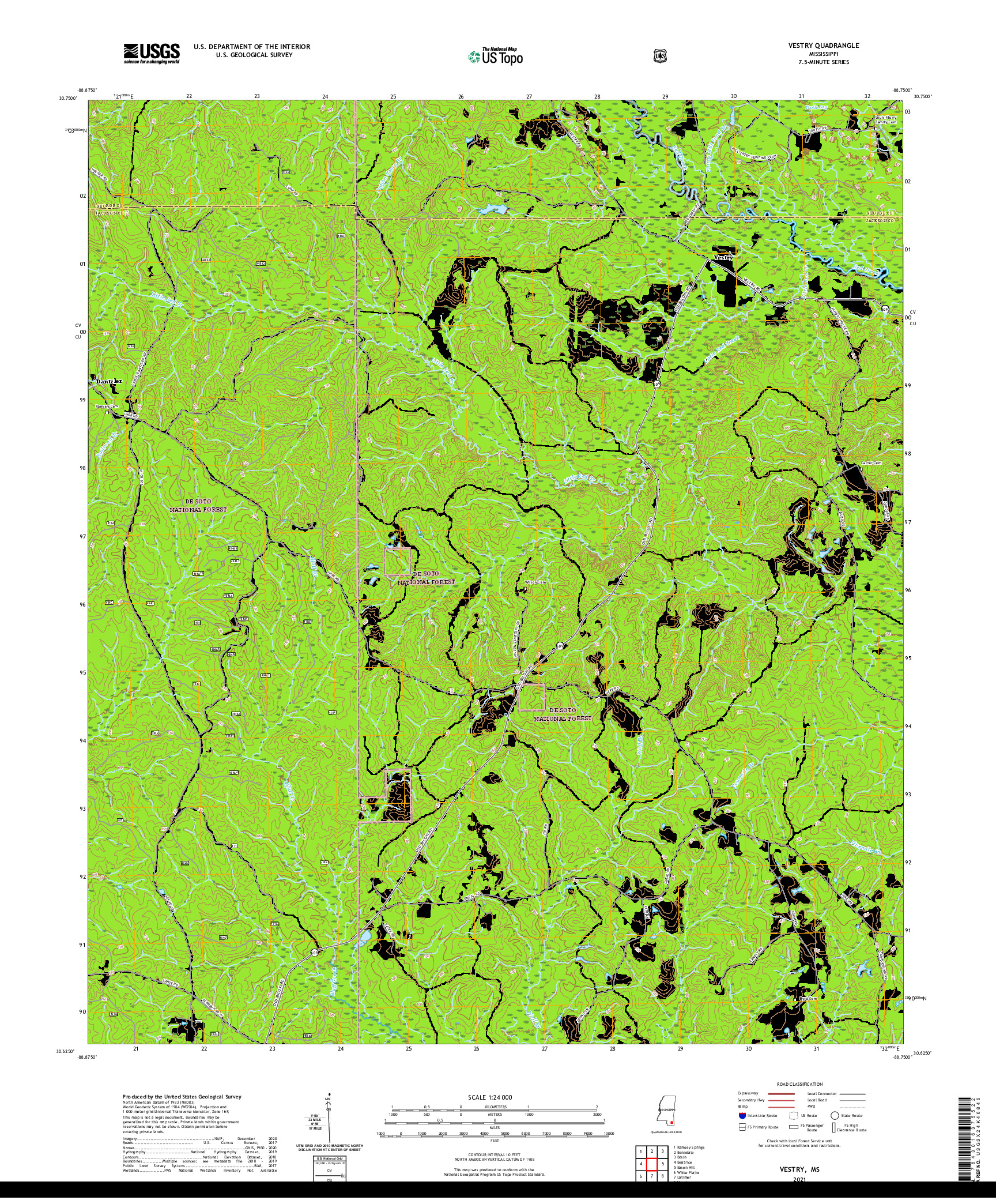 USGS US TOPO 7.5-MINUTE MAP FOR VESTRY, MS 2021