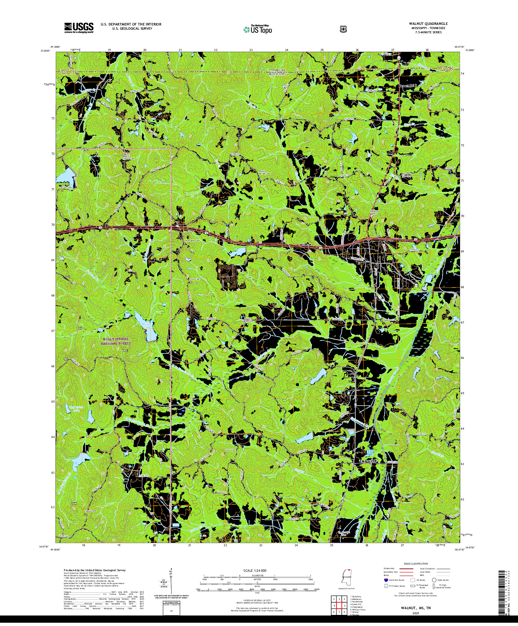 USGS US TOPO 7.5-MINUTE MAP FOR WALNUT, MS,TN 2021