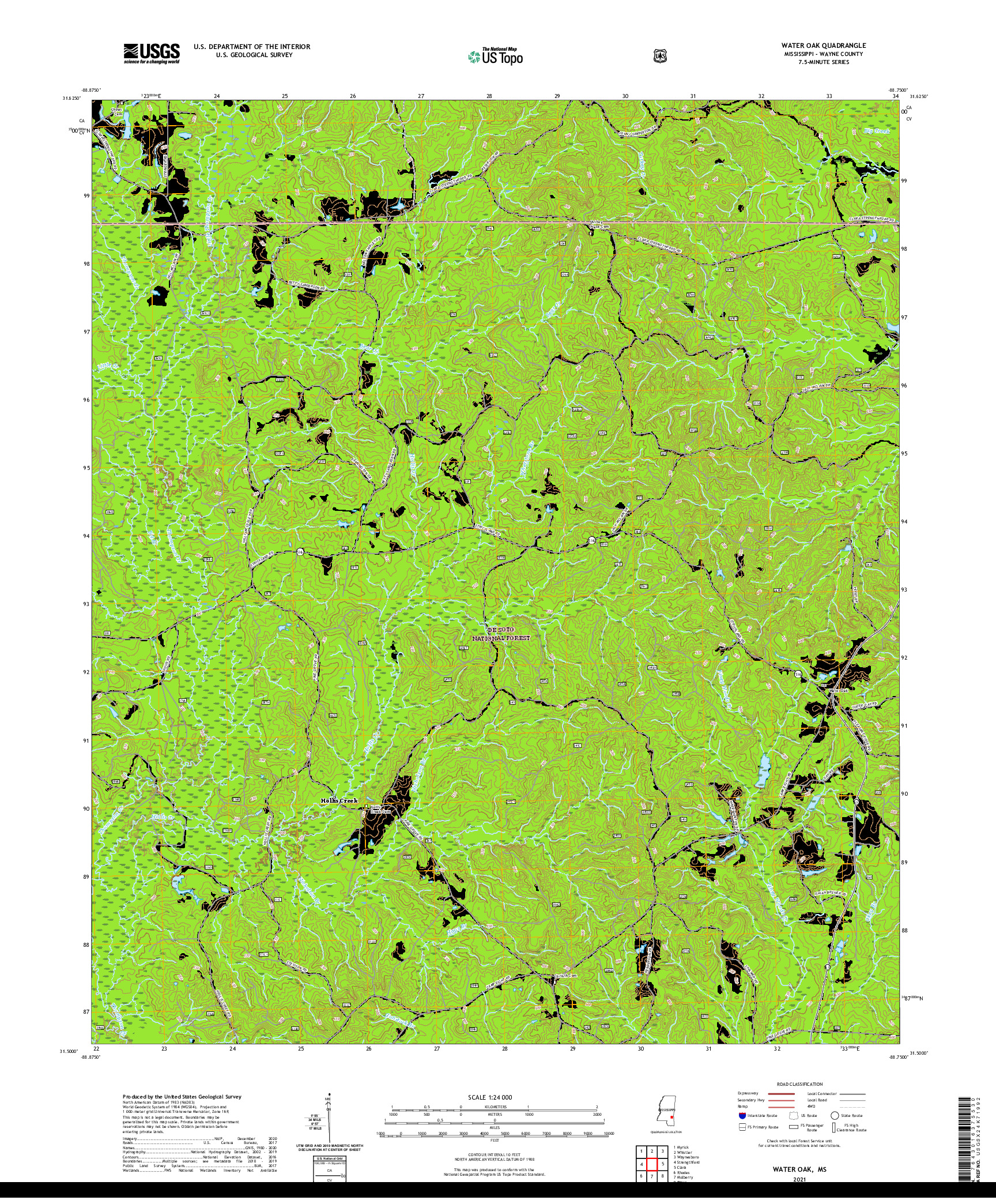 USGS US TOPO 7.5-MINUTE MAP FOR WATER OAK, MS 2021