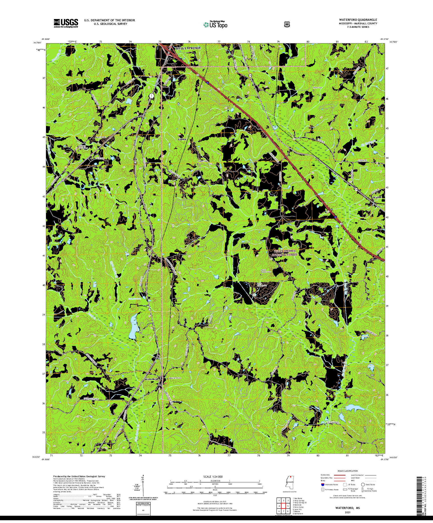 USGS US TOPO 7.5-MINUTE MAP FOR WATERFORD, MS 2021