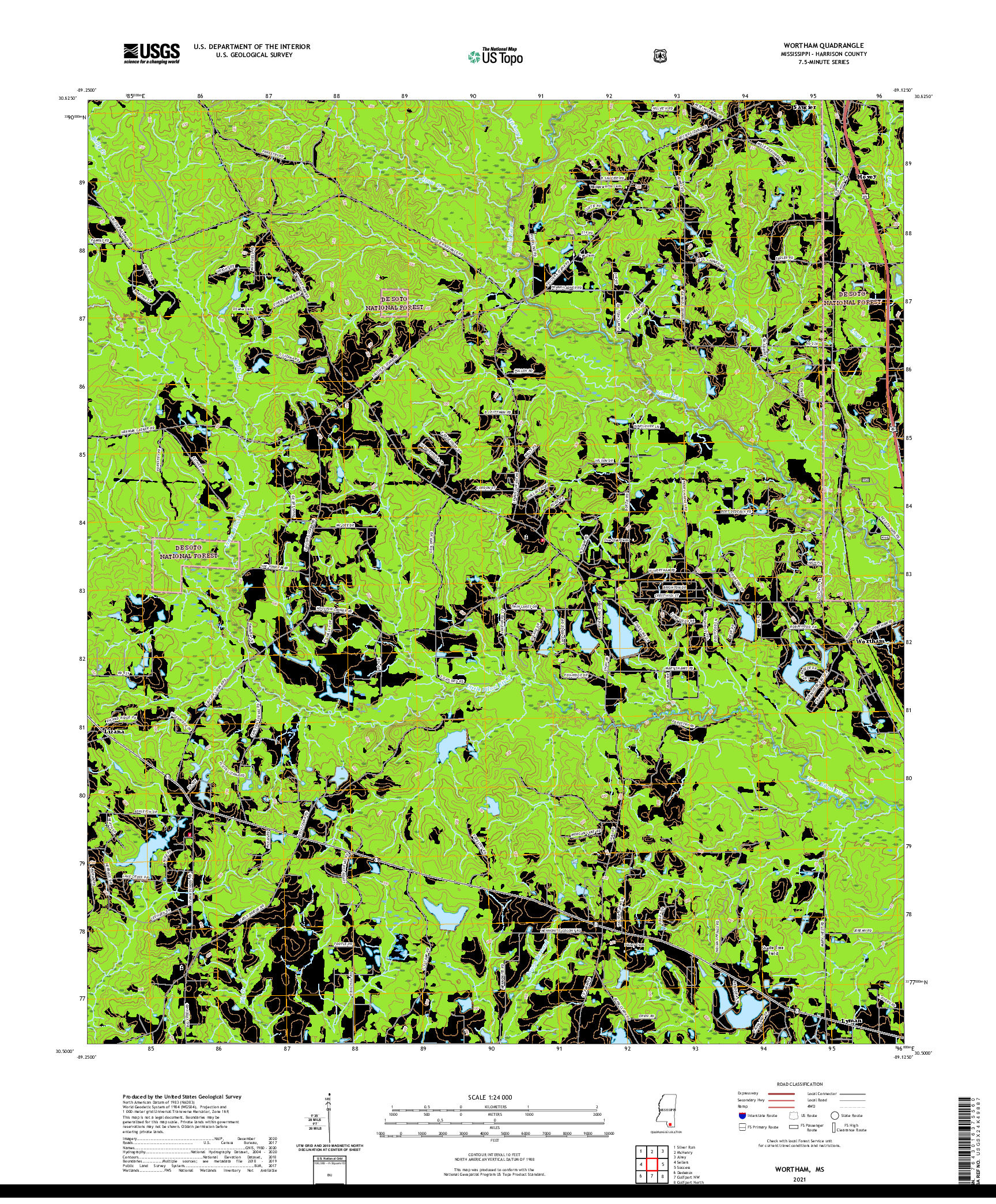 USGS US TOPO 7.5-MINUTE MAP FOR WORTHAM, MS 2021