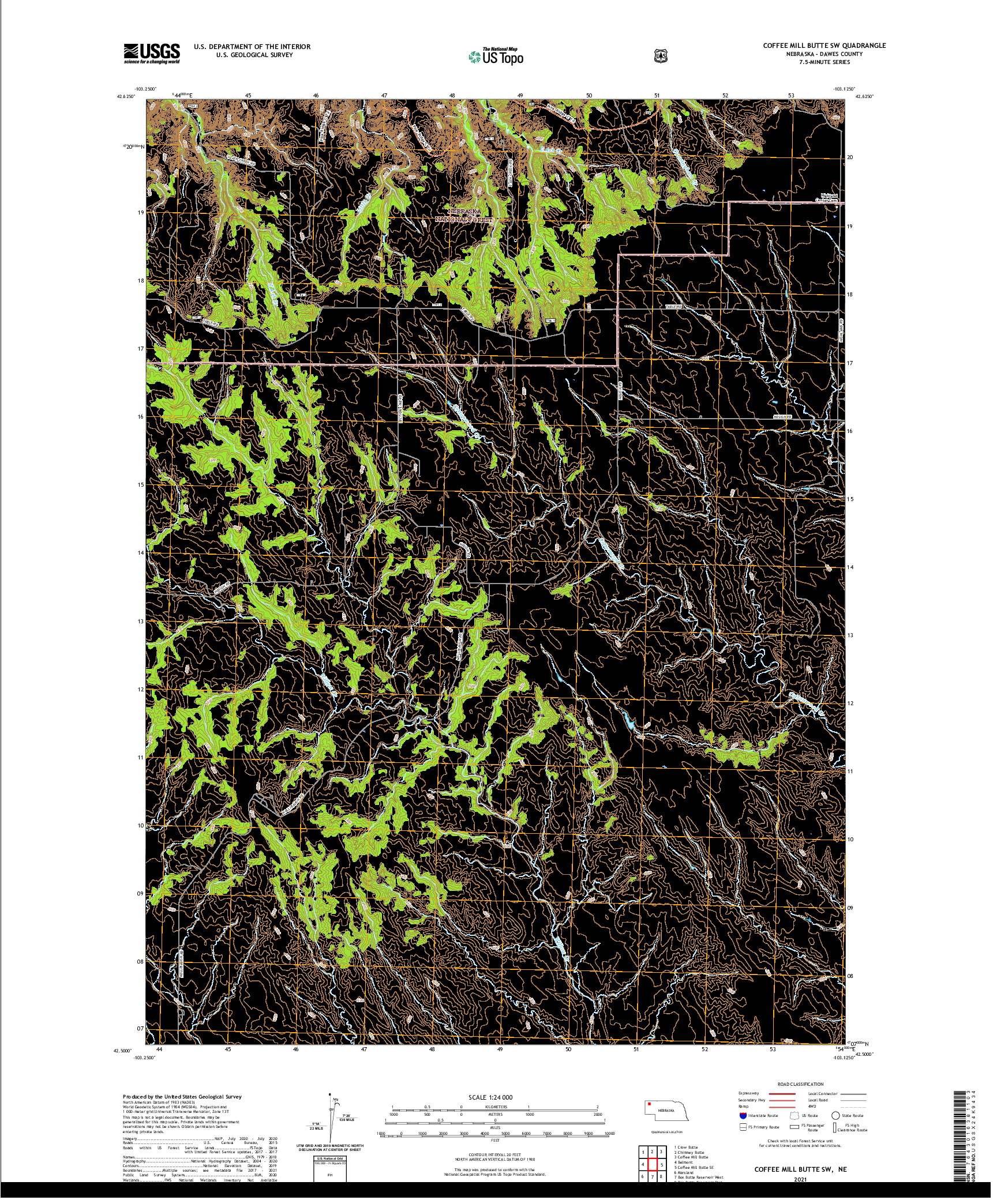 USGS US TOPO 7.5-MINUTE MAP FOR COFFEE MILL BUTTE SW, NE 2021