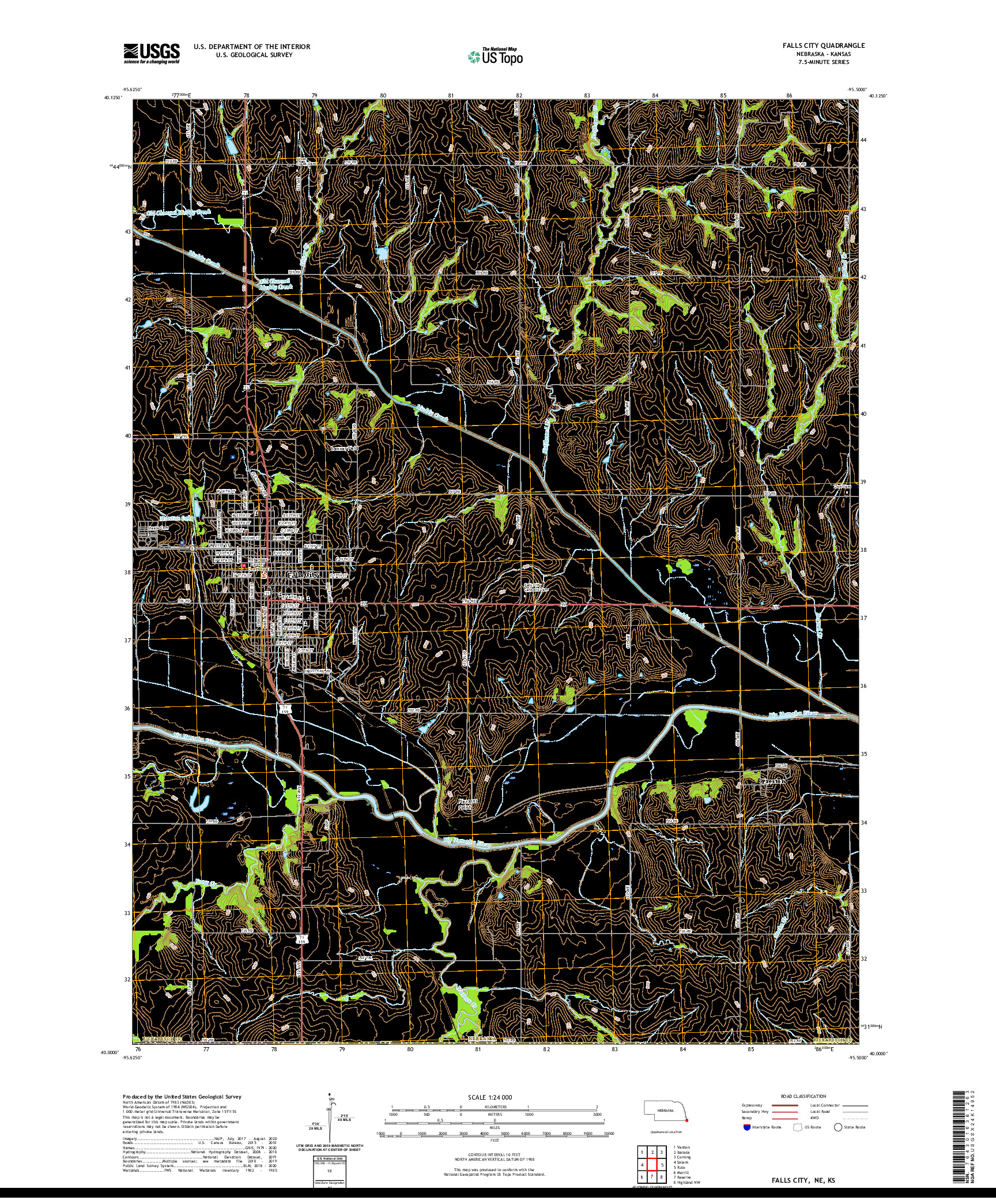 USGS US TOPO 7.5-MINUTE MAP FOR FALLS CITY, NE,KS 2021