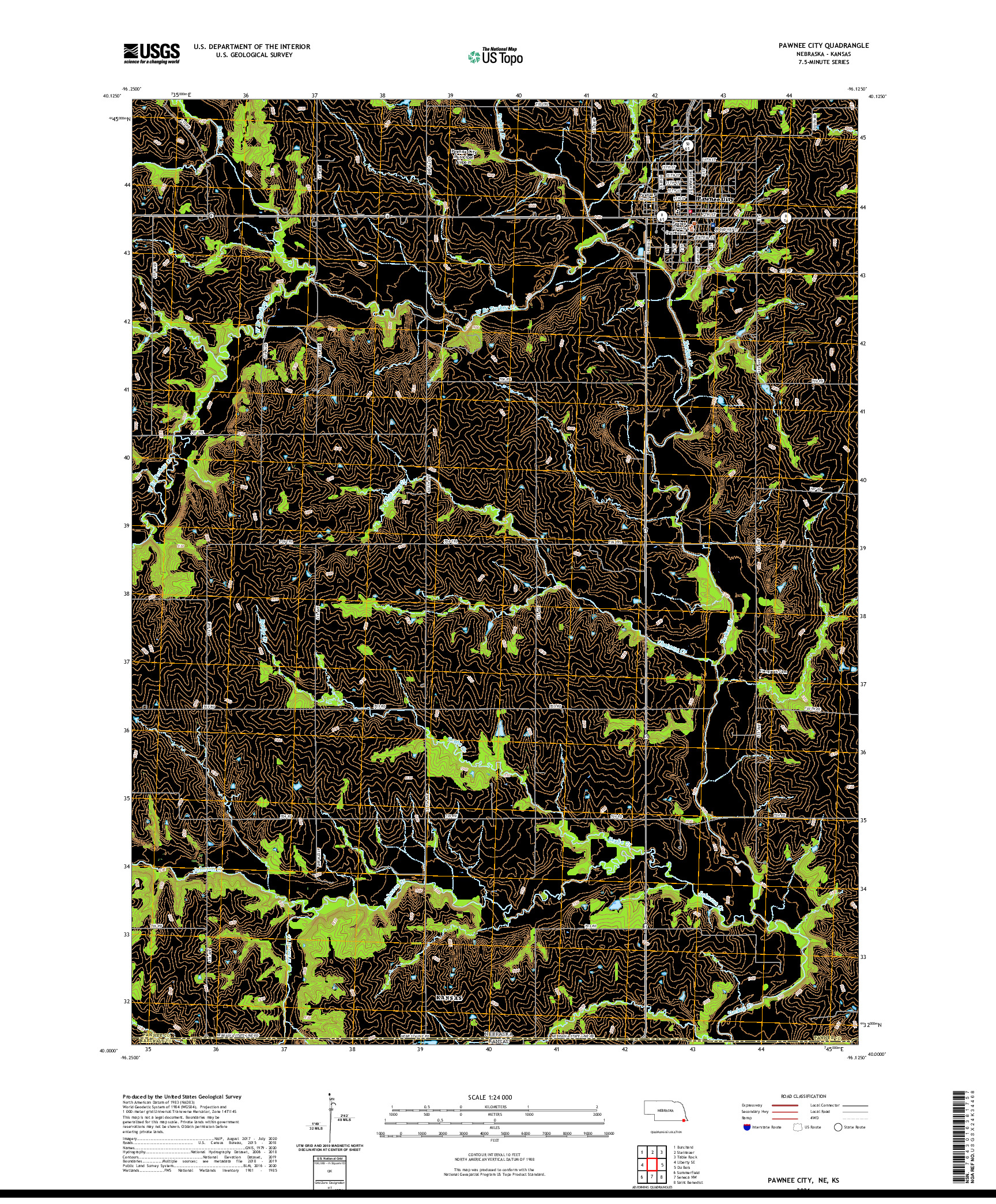 USGS US TOPO 7.5-MINUTE MAP FOR PAWNEE CITY, NE,KS 2021