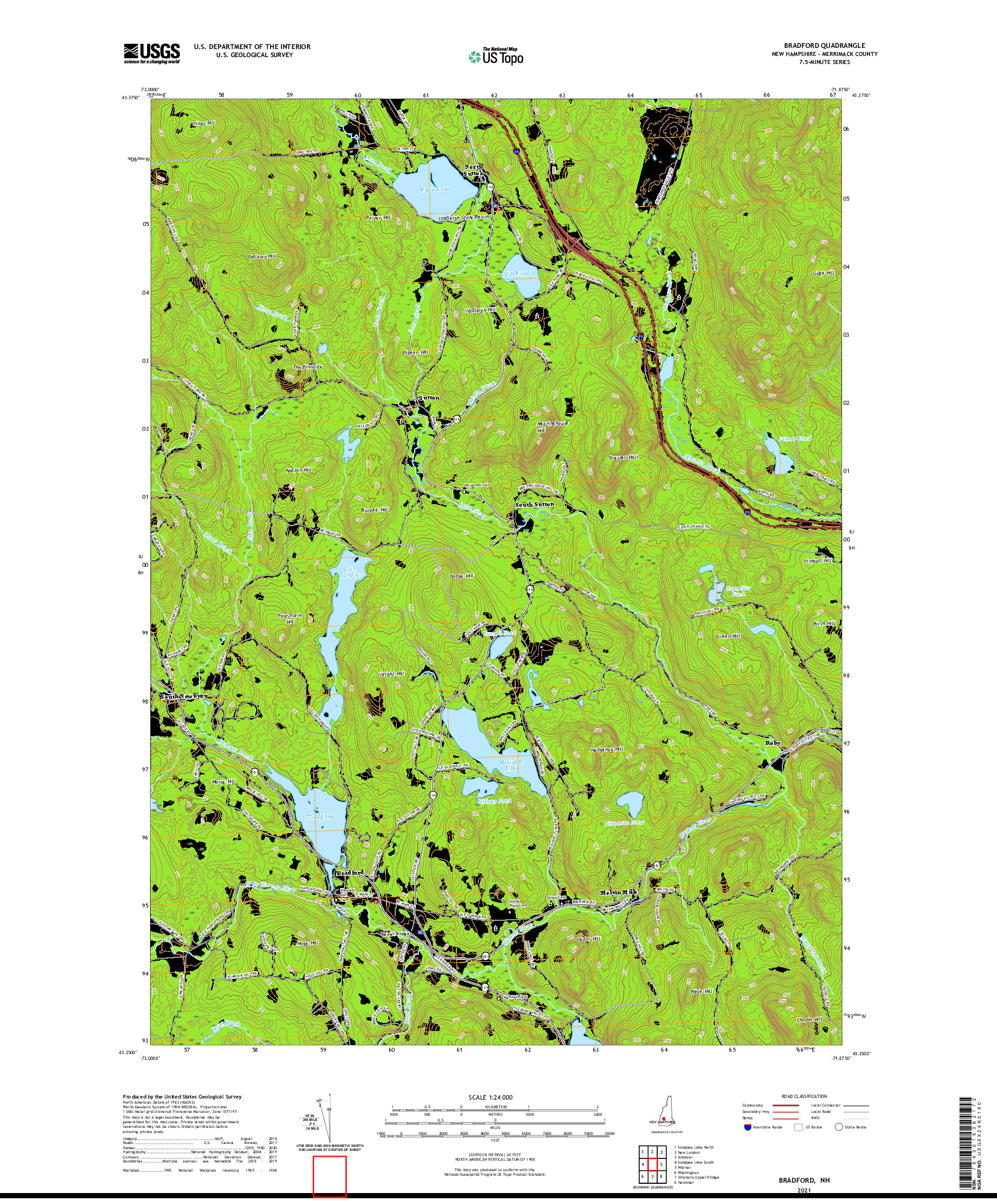 USGS US TOPO 7.5-MINUTE MAP FOR BRADFORD, NH 2021