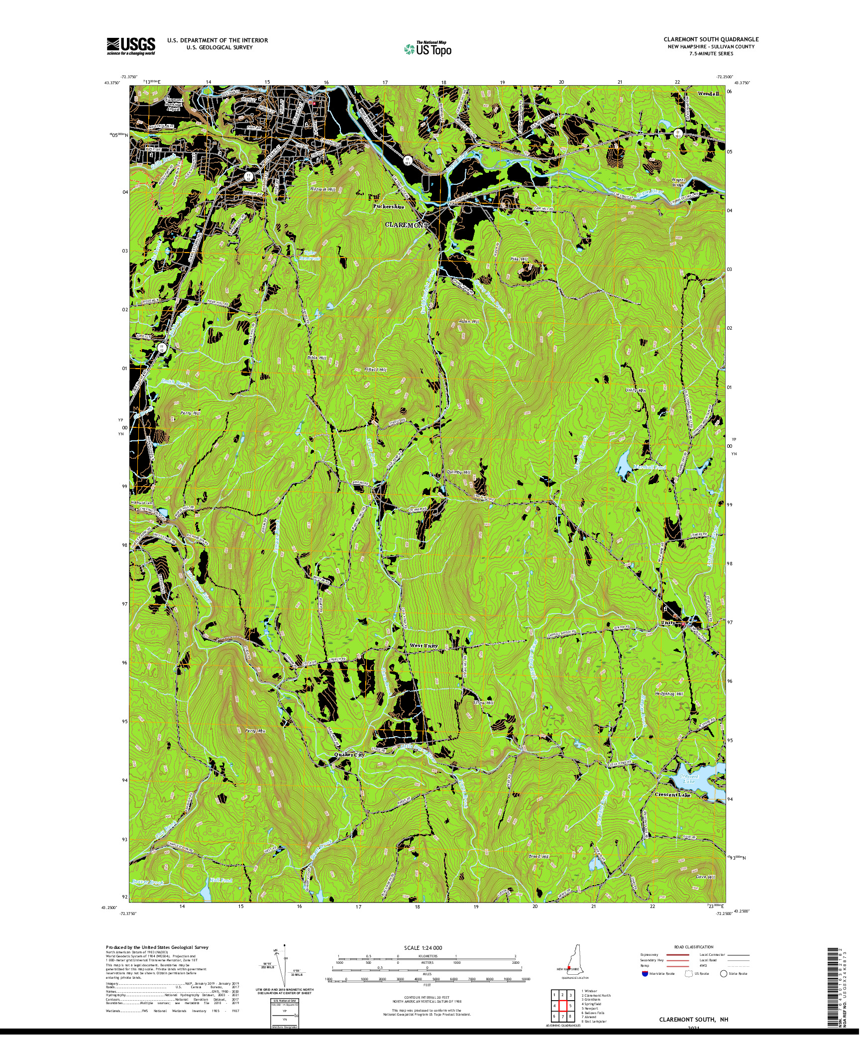 USGS US TOPO 7.5-MINUTE MAP FOR CLAREMONT SOUTH, NH 2021