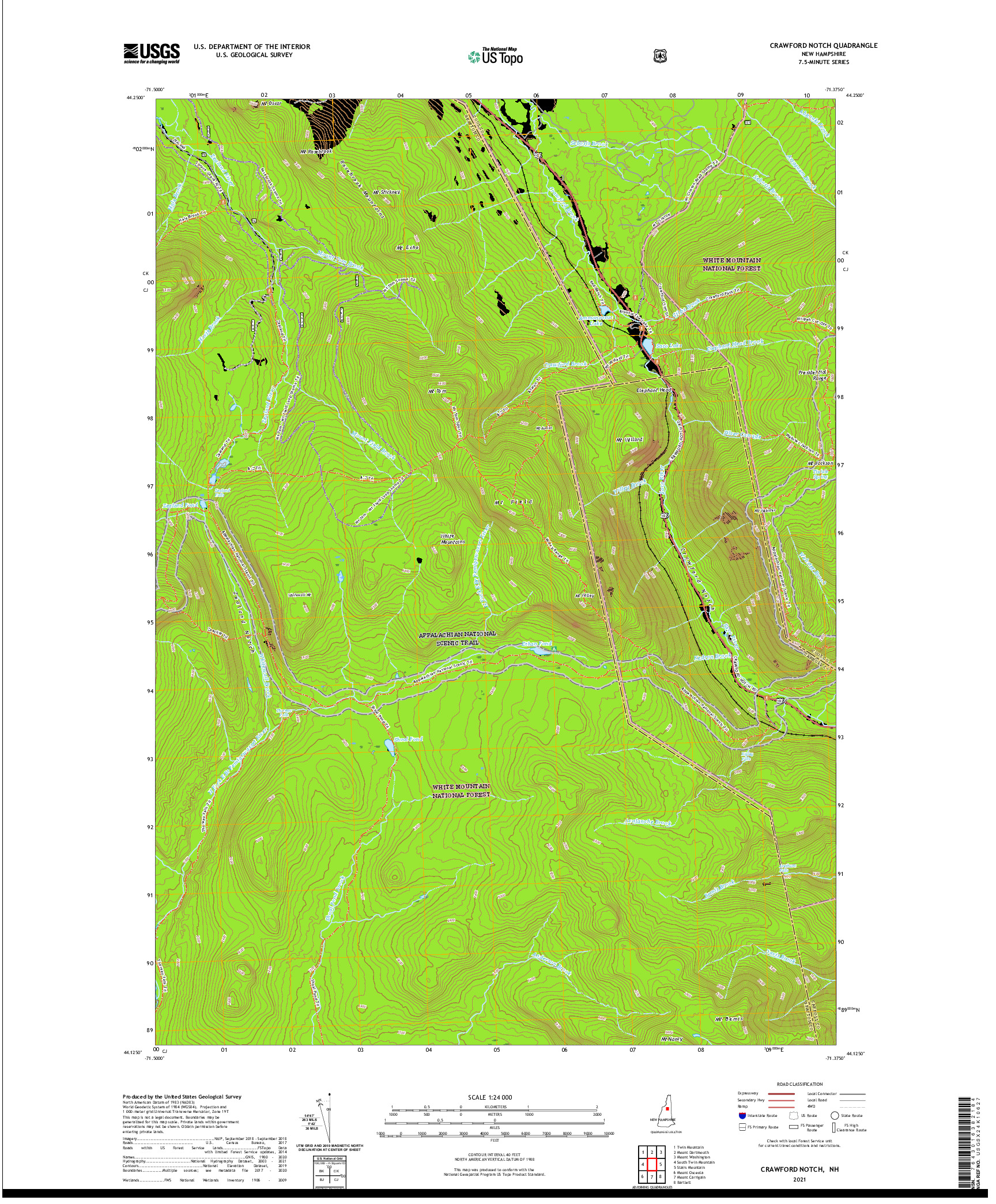 USGS US TOPO 7.5-MINUTE MAP FOR CRAWFORD NOTCH, NH 2021