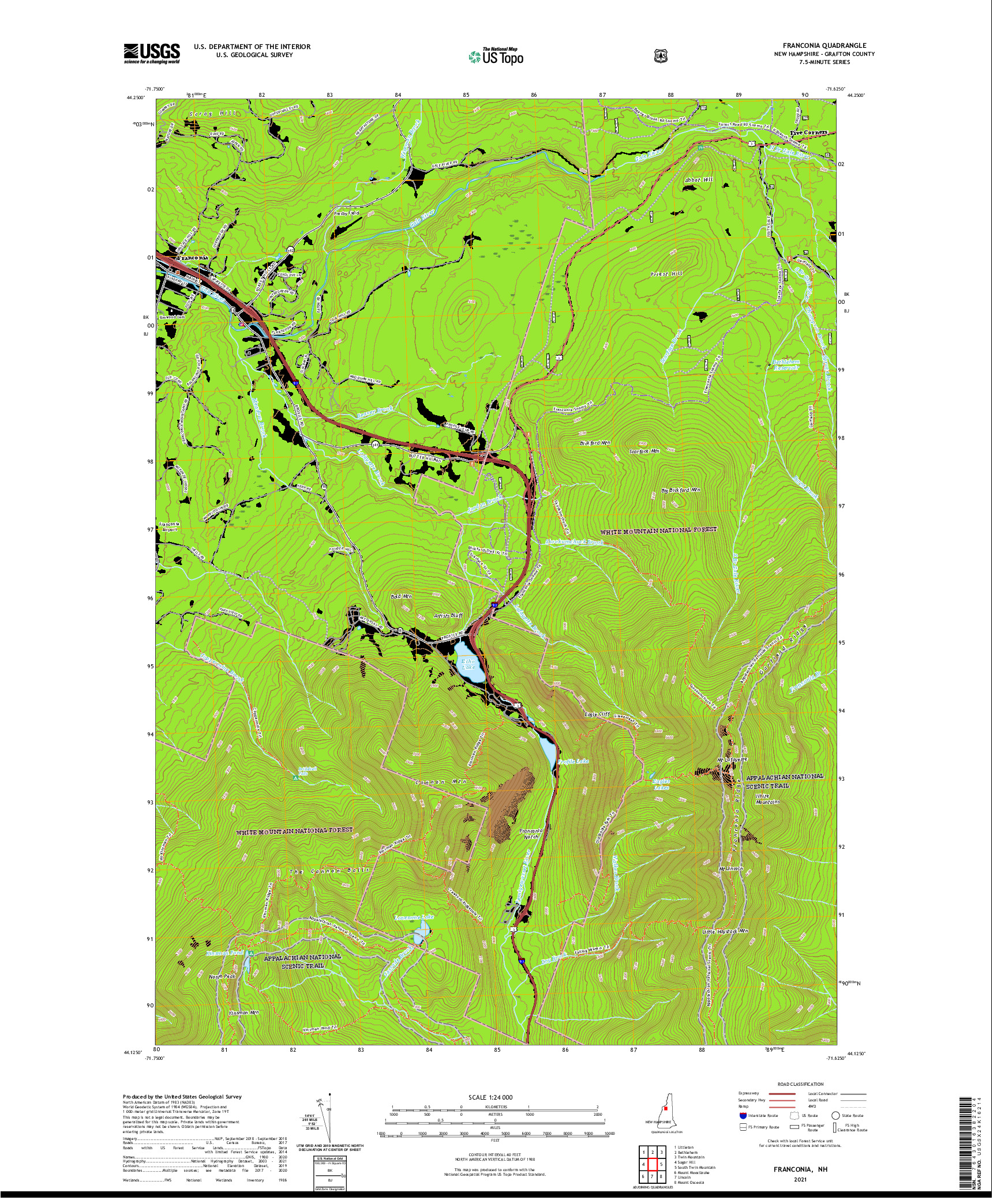 USGS US TOPO 7.5-MINUTE MAP FOR FRANCONIA, NH 2021