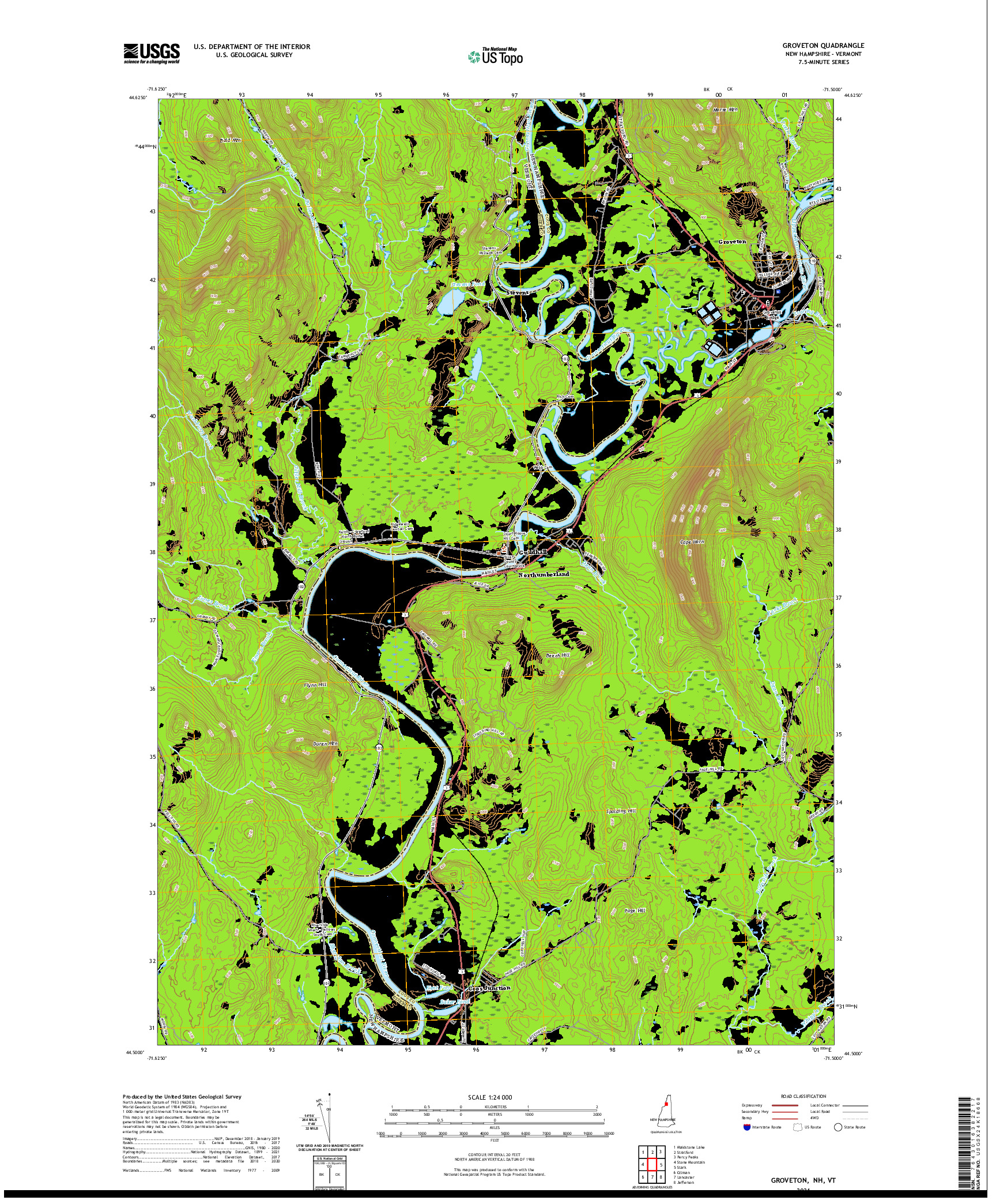 USGS US TOPO 7.5-MINUTE MAP FOR GROVETON, NH,VT 2021