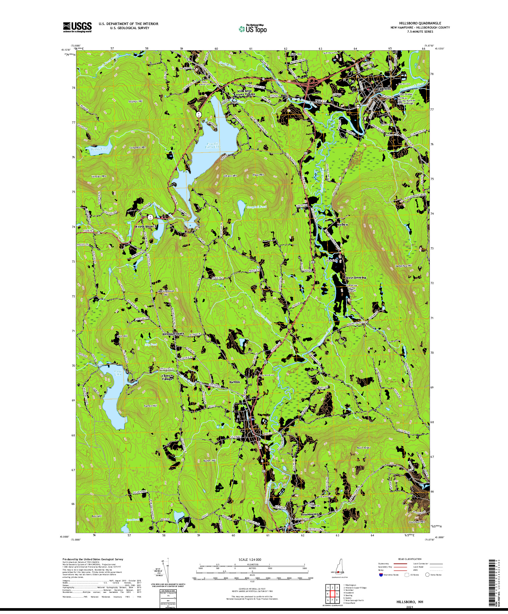 USGS US TOPO 7.5-MINUTE MAP FOR HILLSBORO, NH 2021