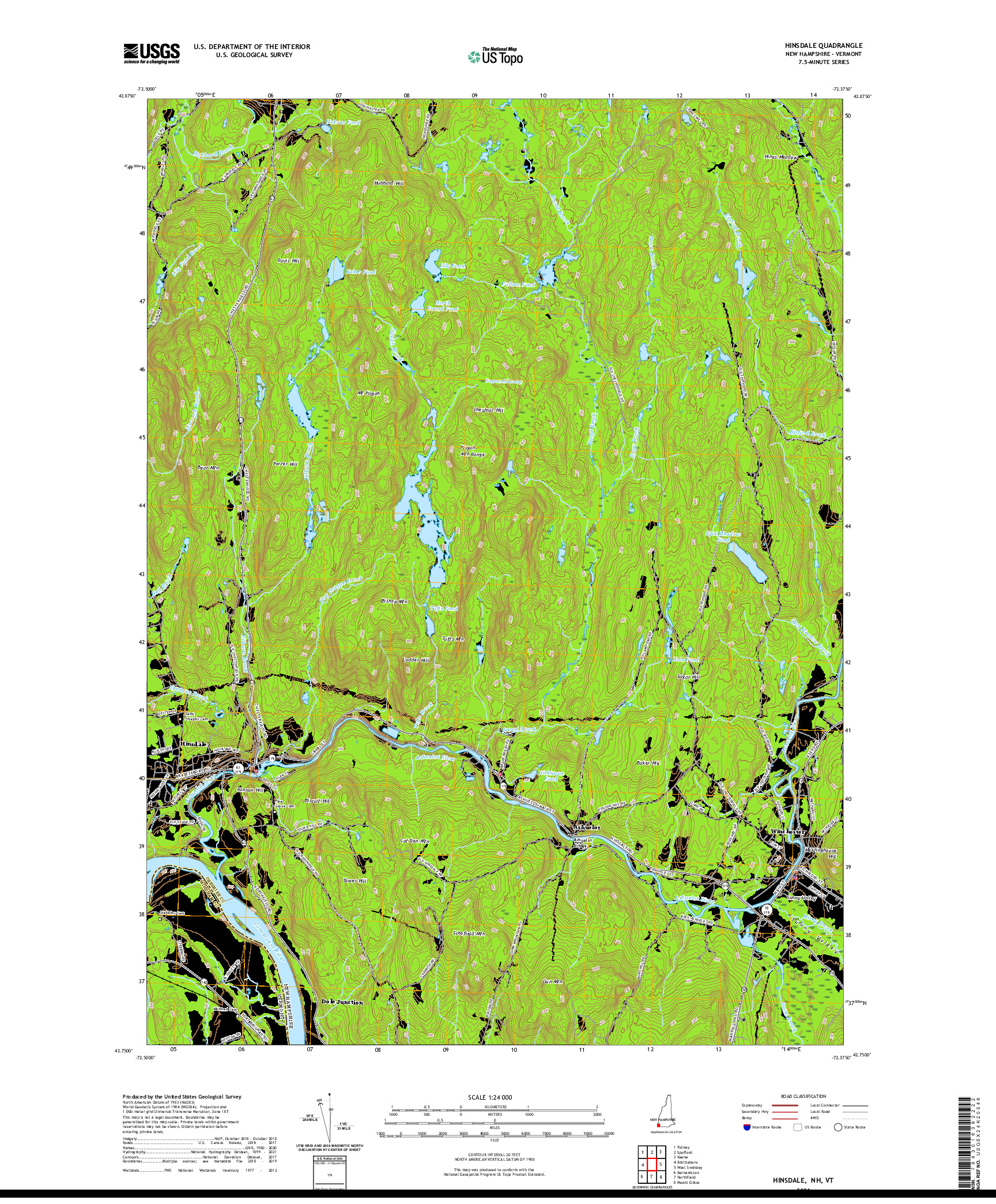 USGS US TOPO 7.5-MINUTE MAP FOR HINSDALE, NH,VT 2021