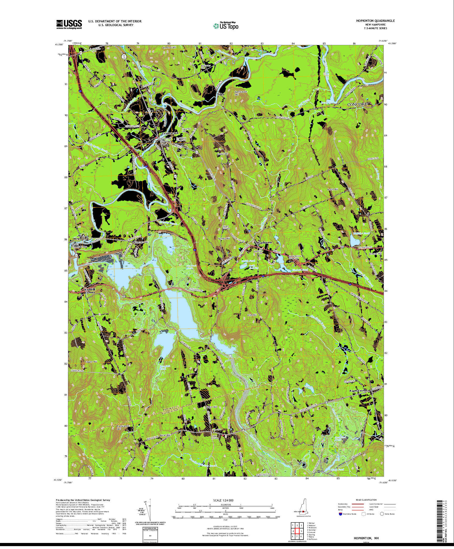 USGS US TOPO 7.5-MINUTE MAP FOR HOPKINTON, NH 2021