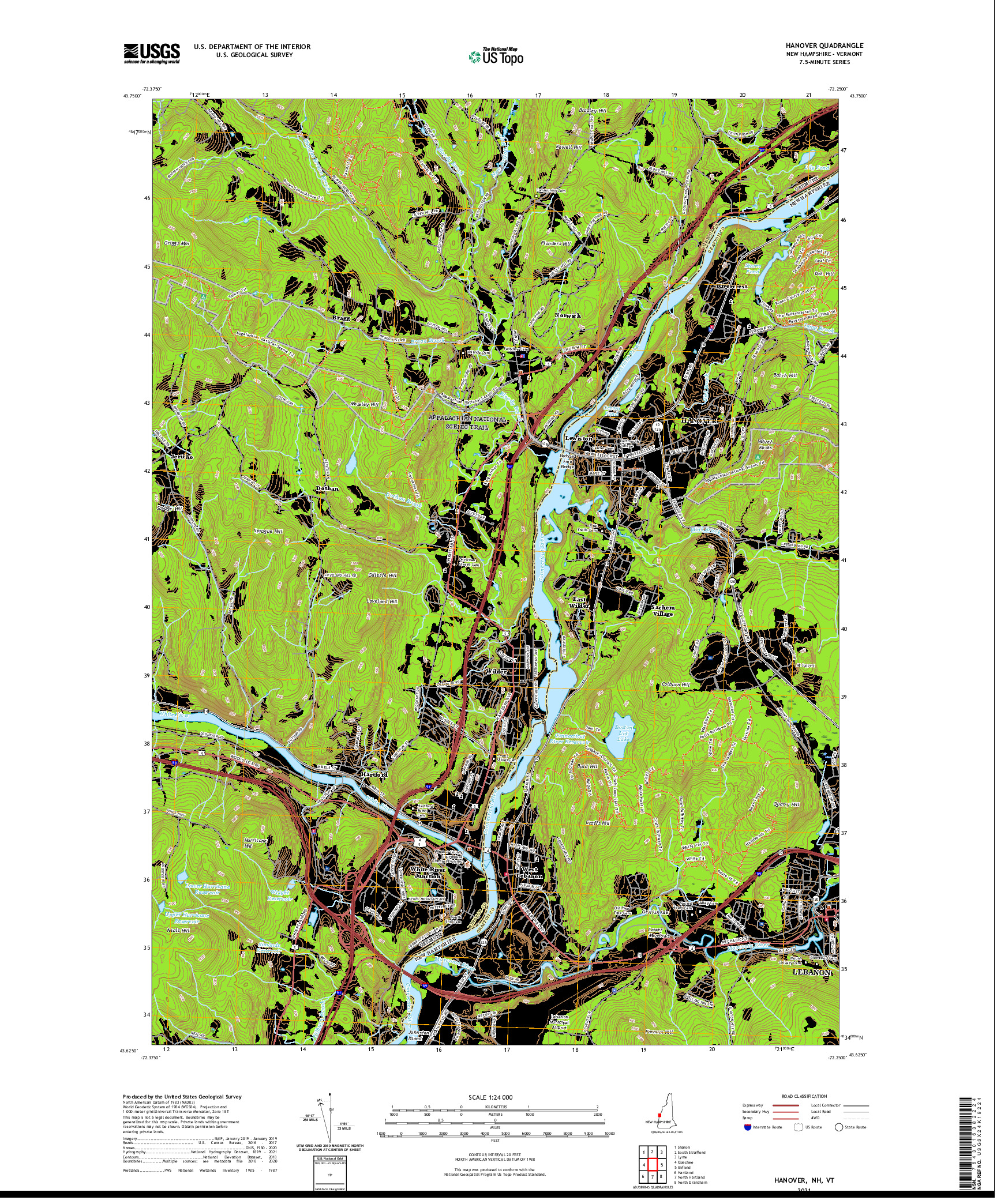 USGS US TOPO 7.5-MINUTE MAP FOR HANOVER, NH,VT 2021