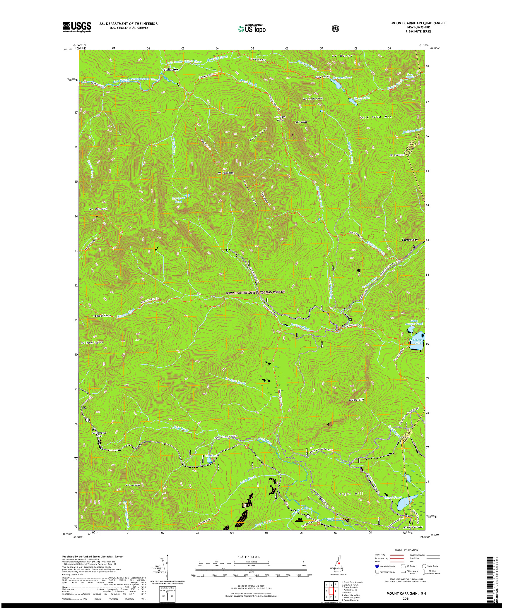 USGS US TOPO 7.5-MINUTE MAP FOR MOUNT CARRIGAIN, NH 2021