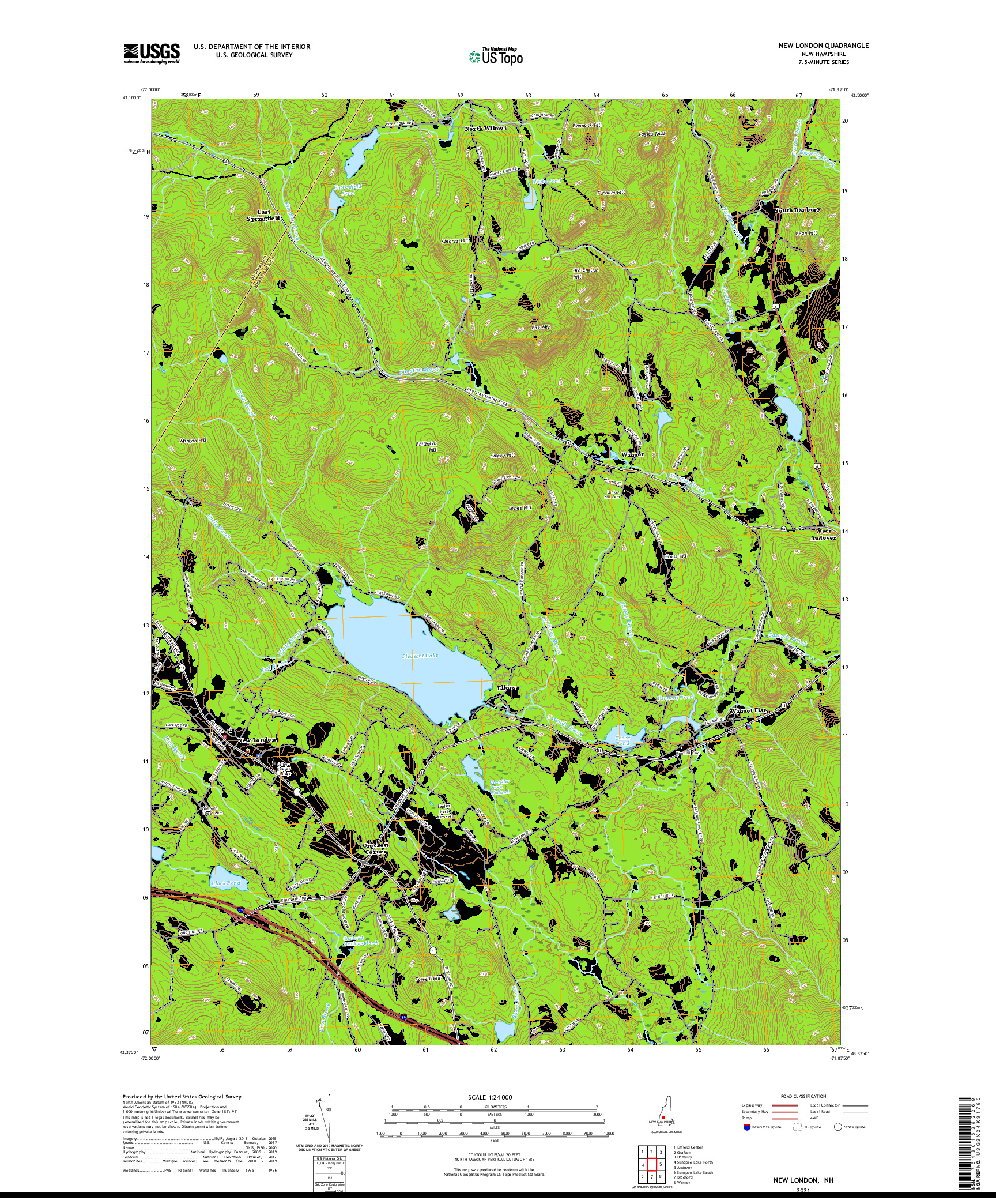 USGS US TOPO 7.5-MINUTE MAP FOR NEW LONDON, NH 2021