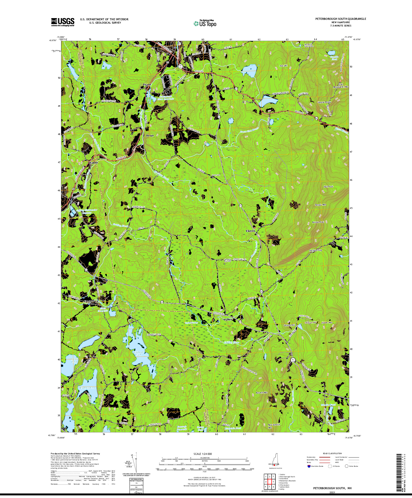 USGS US TOPO 7.5-MINUTE MAP FOR PETERBOROUGH SOUTH, NH 2021
