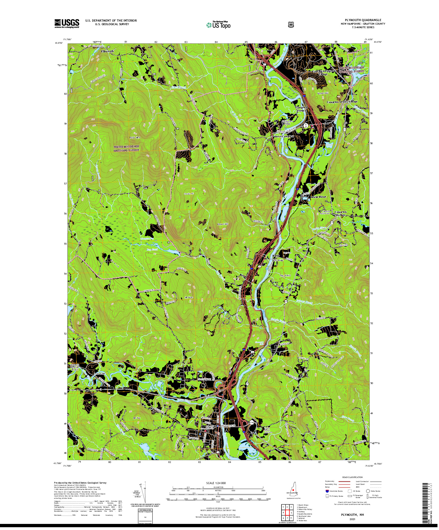 USGS US TOPO 7.5-MINUTE MAP FOR PLYMOUTH, NH 2021