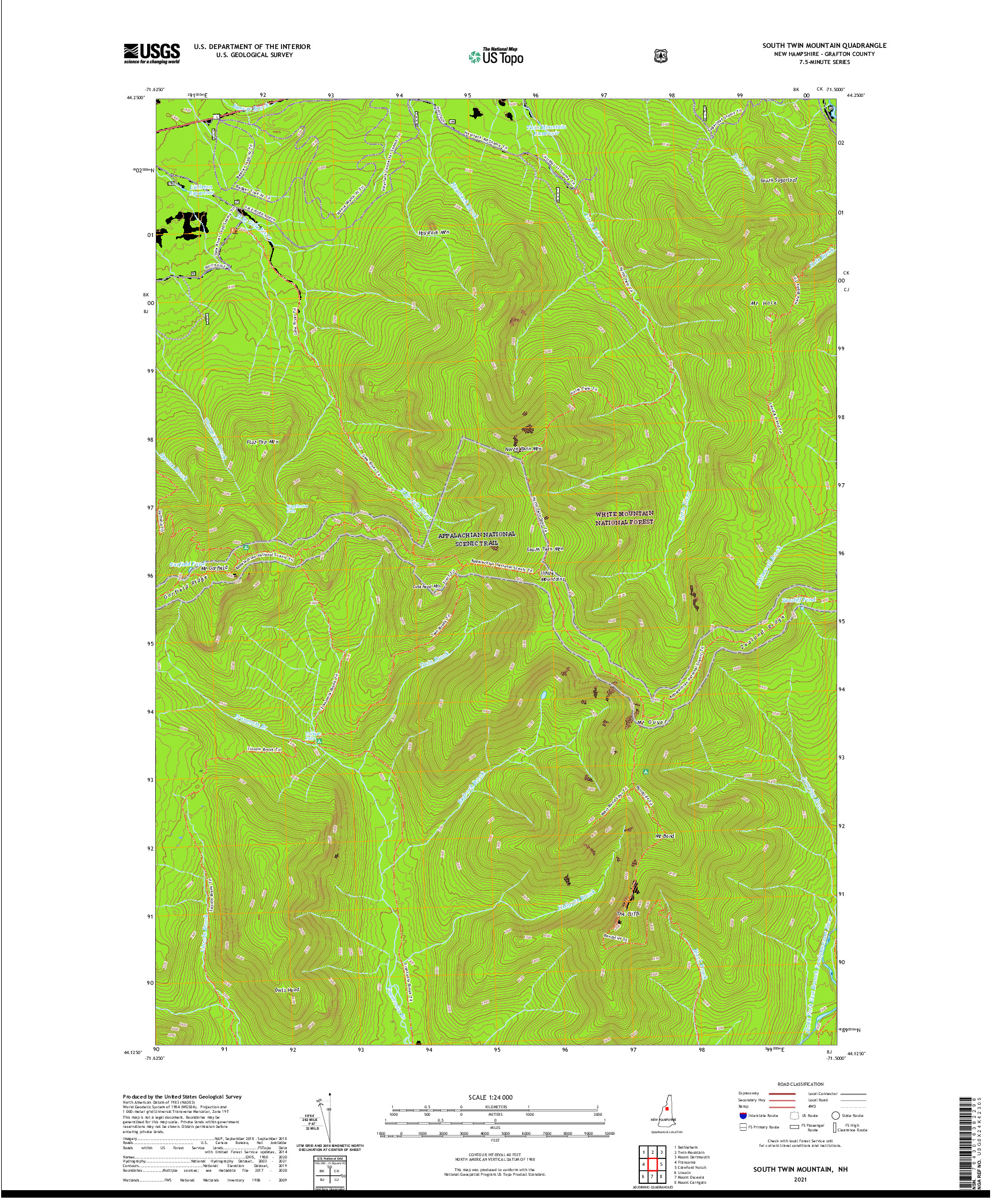 USGS US TOPO 7.5-MINUTE MAP FOR SOUTH TWIN MOUNTAIN, NH 2021