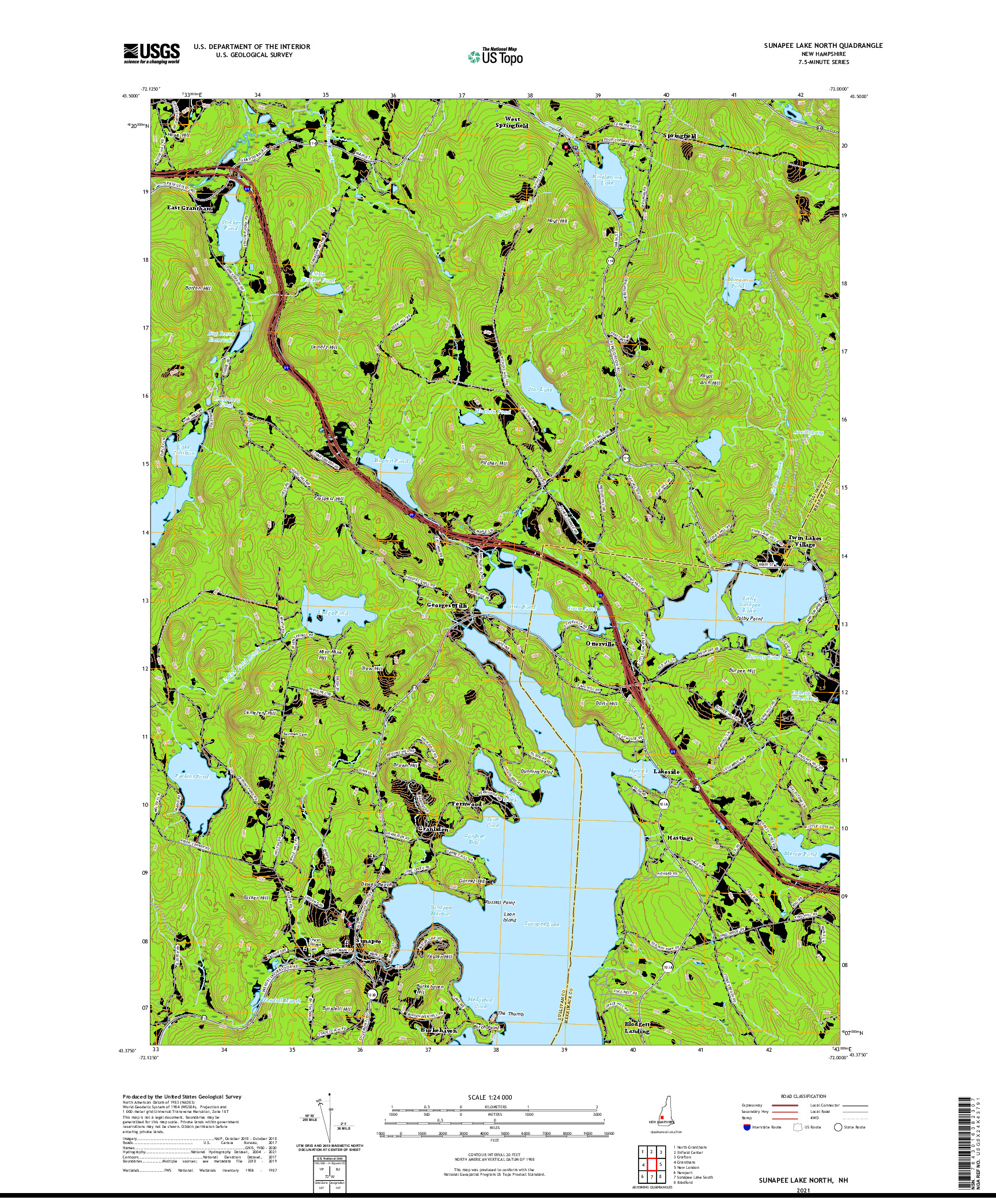 USGS US TOPO 7.5-MINUTE MAP FOR SUNAPEE LAKE NORTH, NH 2021