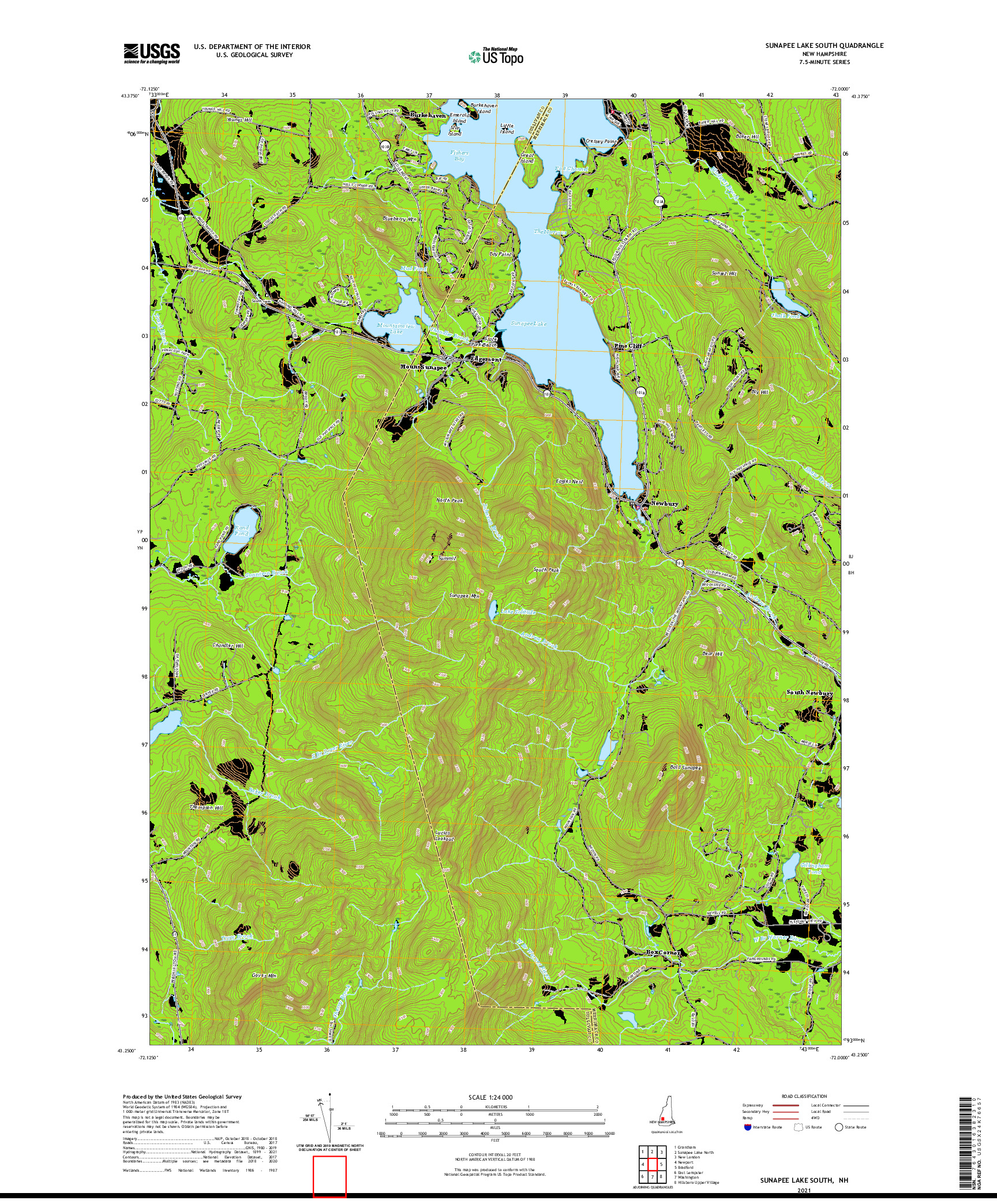 USGS US TOPO 7.5-MINUTE MAP FOR SUNAPEE LAKE SOUTH, NH 2021