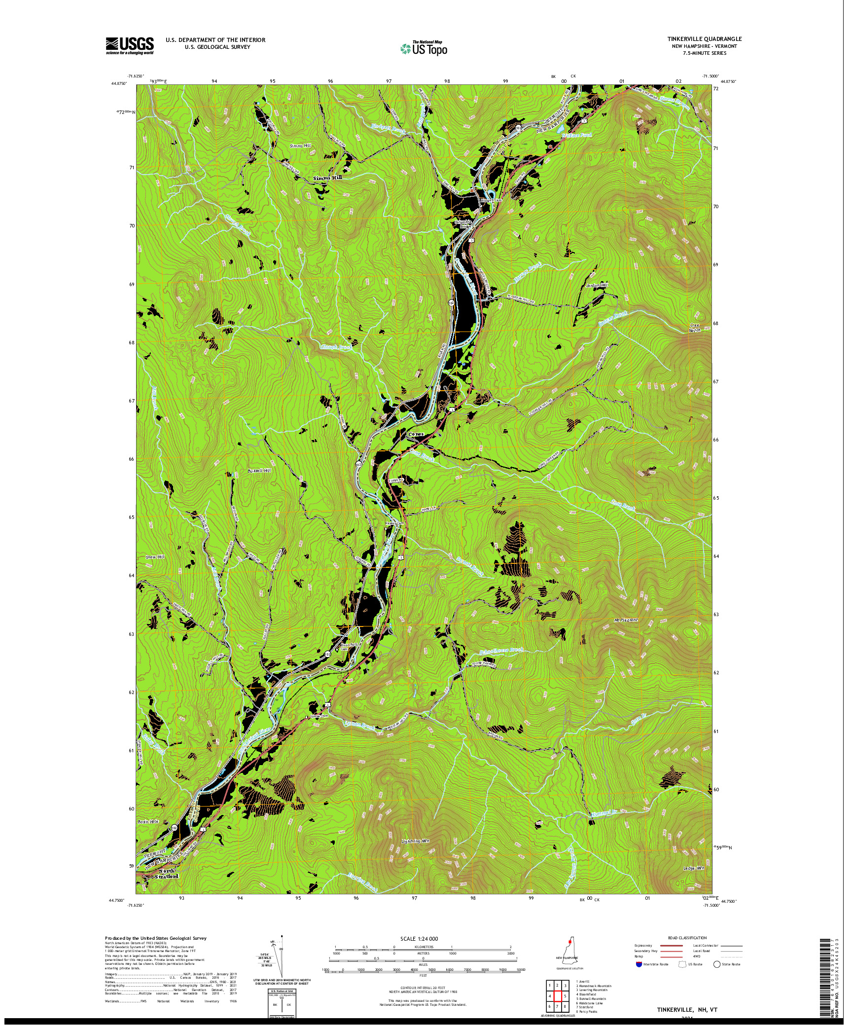 USGS US TOPO 7.5-MINUTE MAP FOR TINKERVILLE, NH,VT 2021