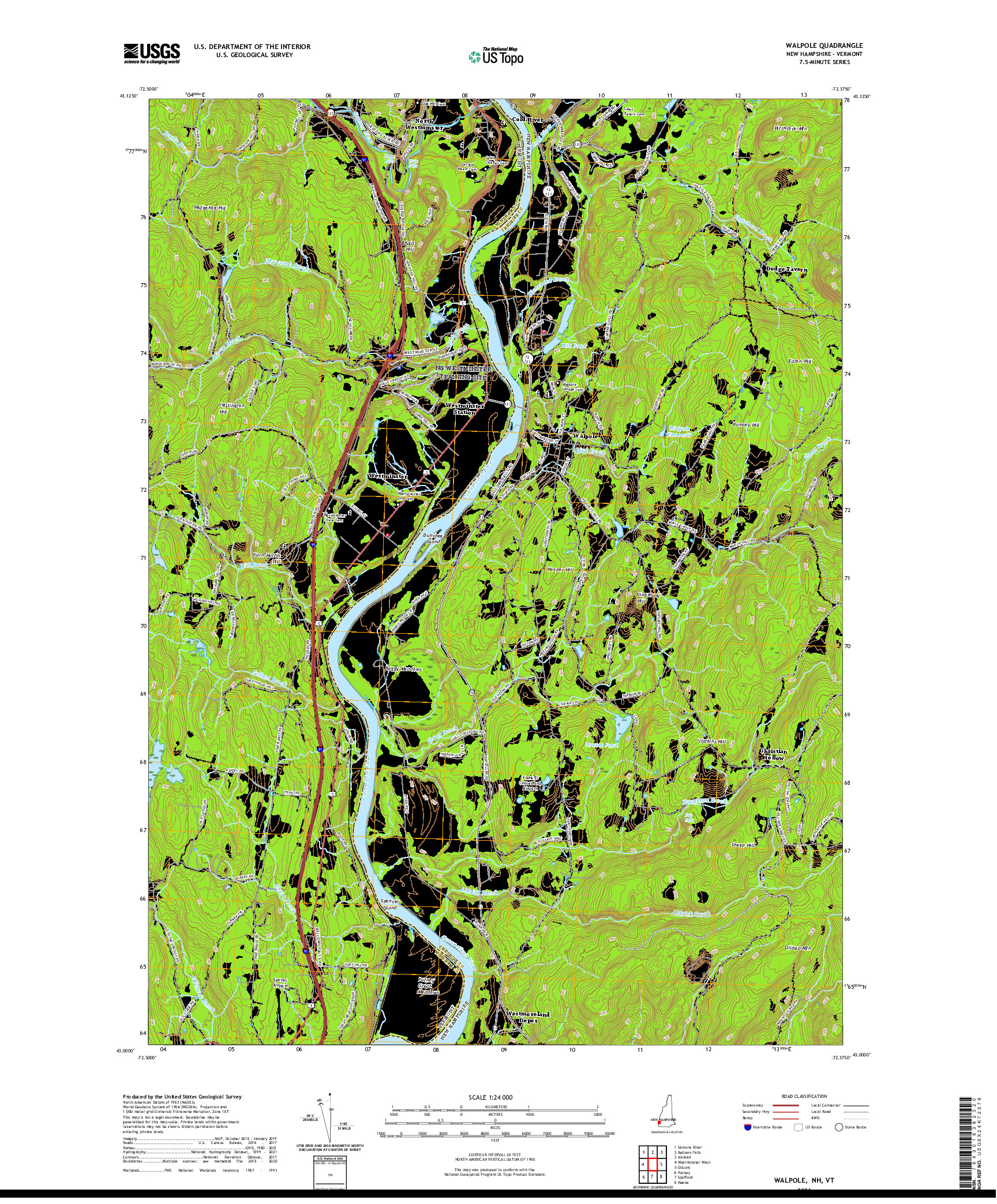 USGS US TOPO 7.5-MINUTE MAP FOR WALPOLE, NH,VT 2021