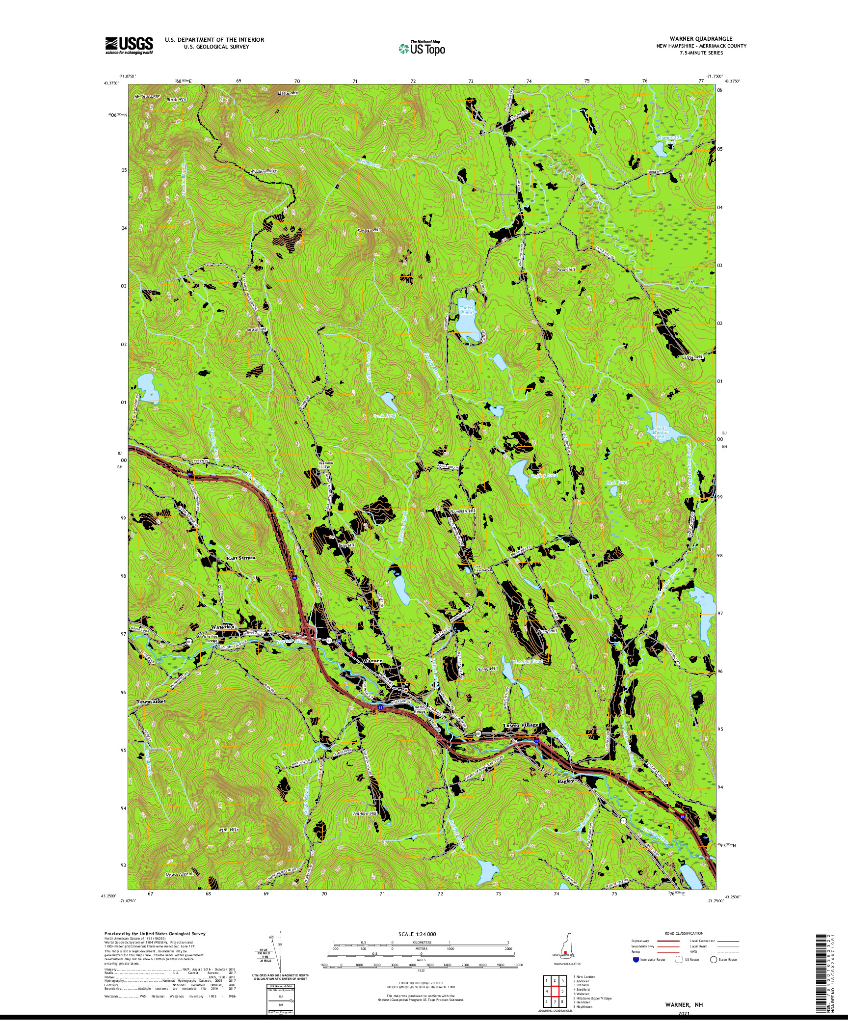 USGS US TOPO 7.5-MINUTE MAP FOR WARNER, NH 2021