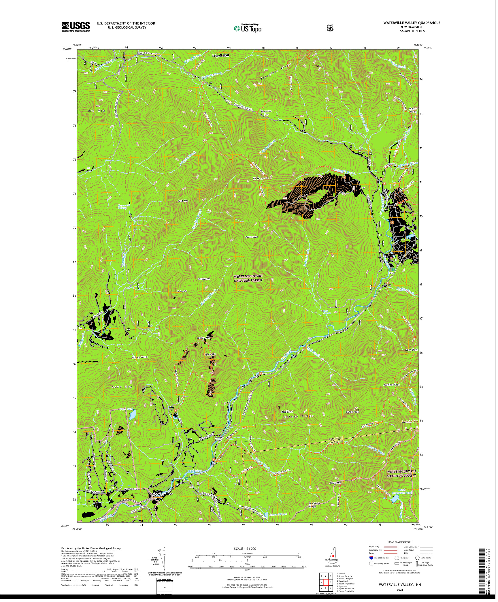 USGS US TOPO 7.5-MINUTE MAP FOR WATERVILLE VALLEY, NH 2021