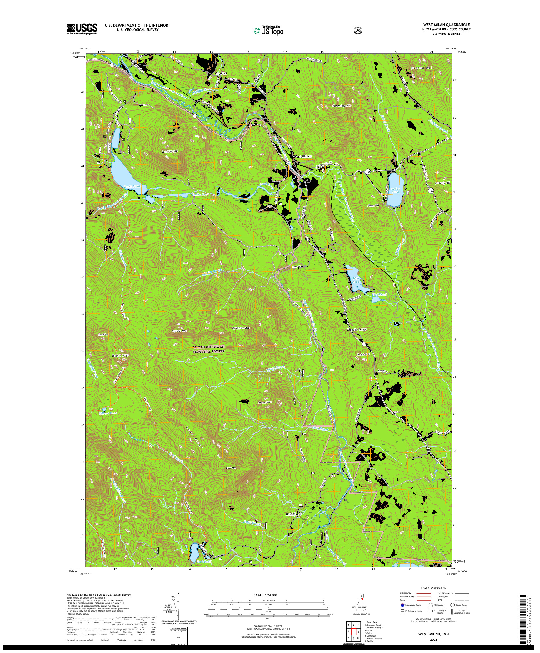 USGS US TOPO 7.5-MINUTE MAP FOR WEST MILAN, NH 2021