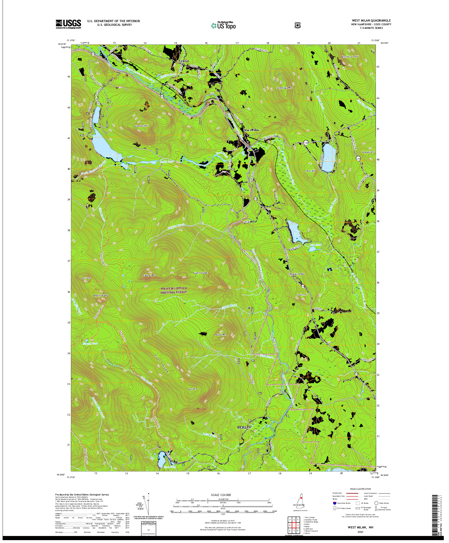 USGS US TOPO 7.5-MINUTE MAP FOR WEST MILAN, NH 2021
