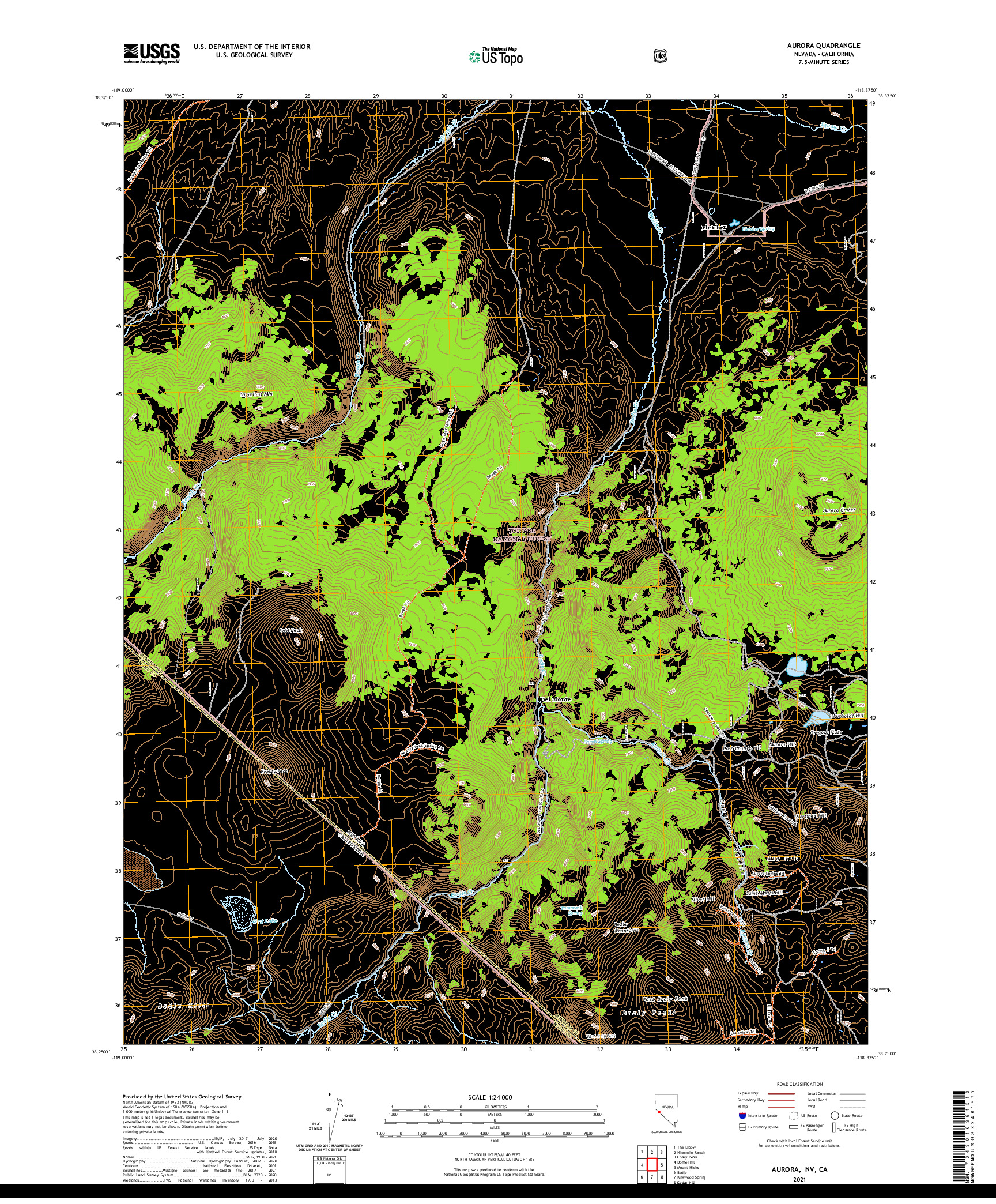 US TOPO 7.5-MINUTE MAP FOR AURORA, NV,CA