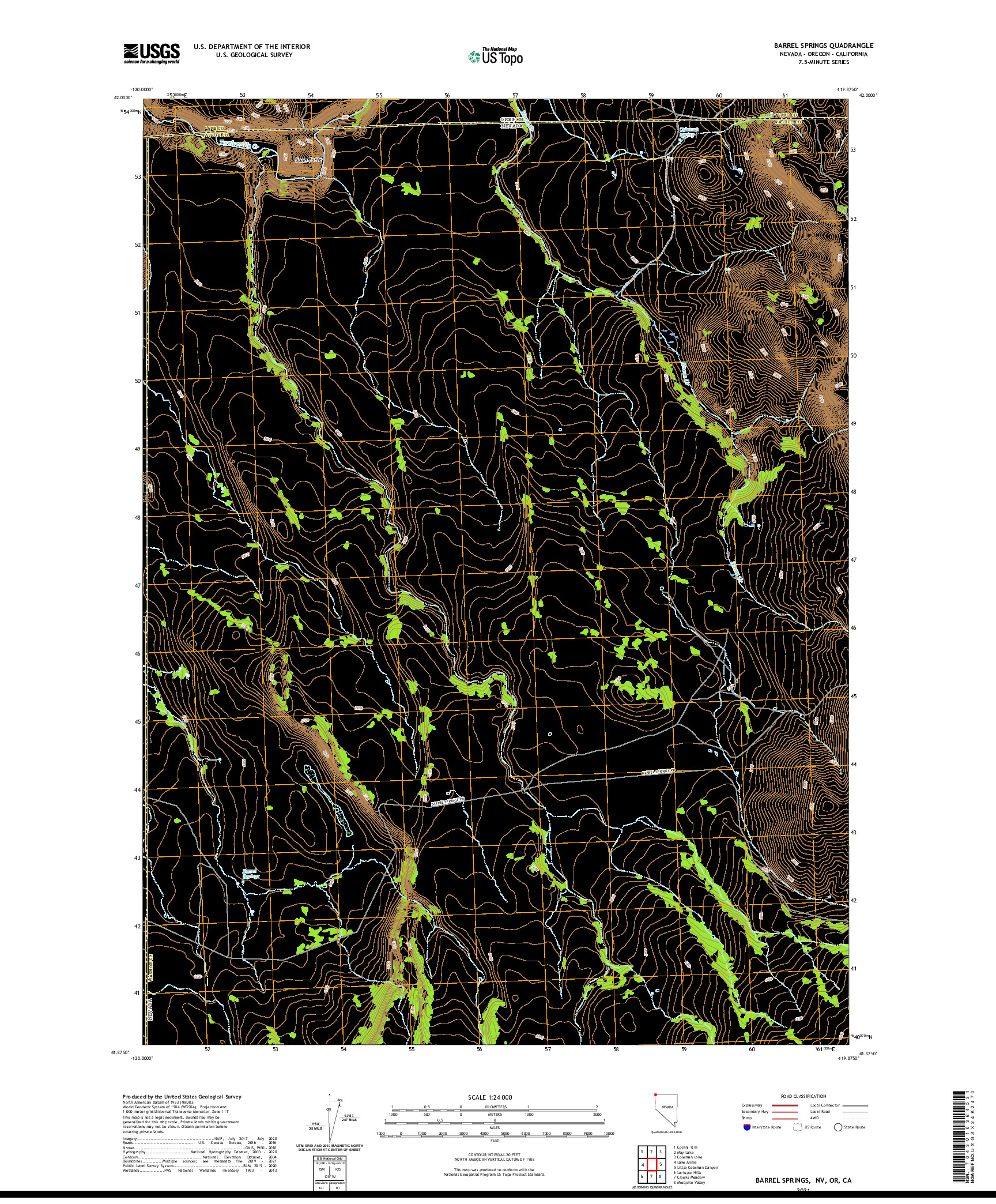 US TOPO 7.5-MINUTE MAP FOR BARREL SPRINGS, NV,OR,CA