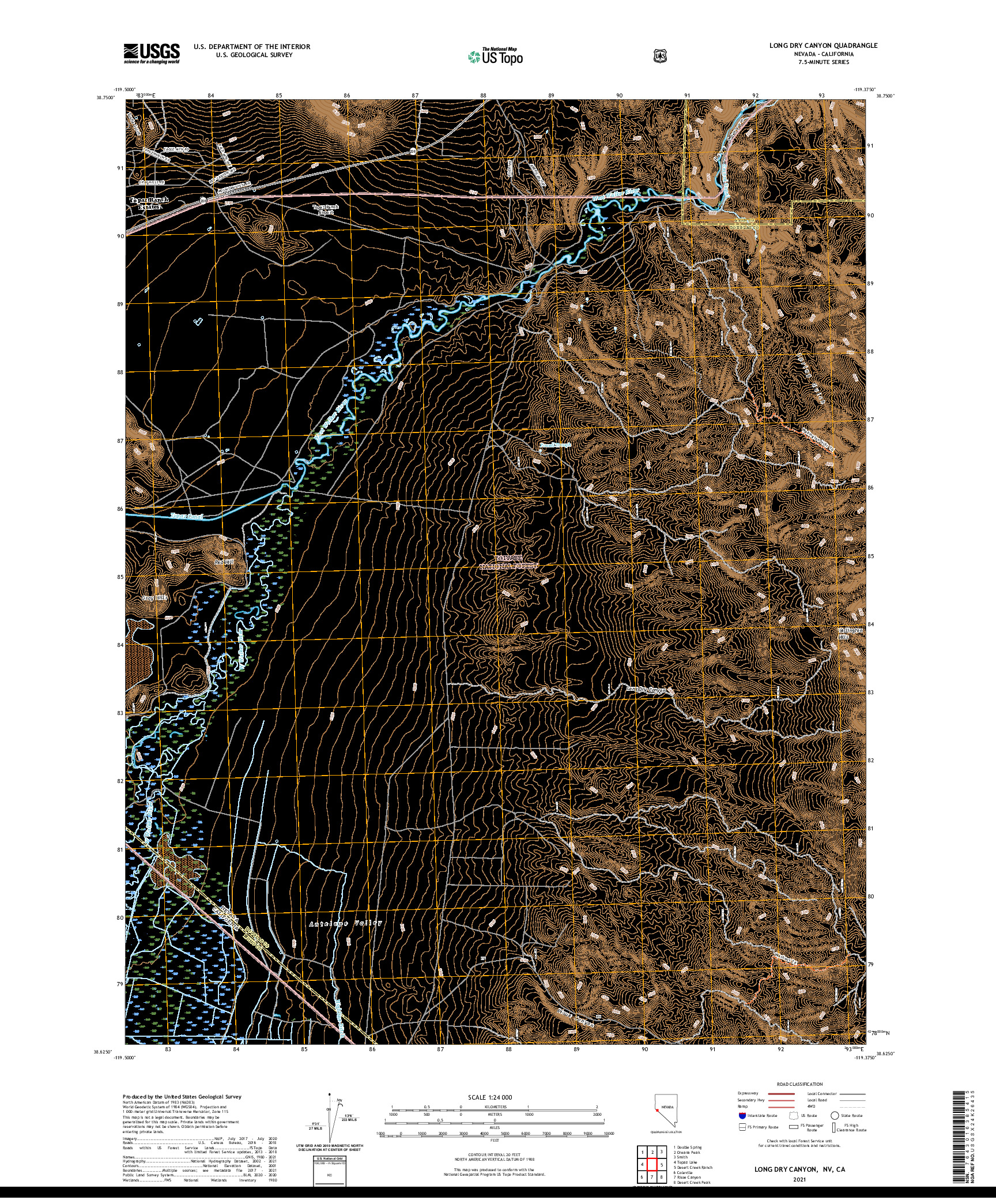 US TOPO 7.5-MINUTE MAP FOR LONG DRY CANYON, NV,CA
