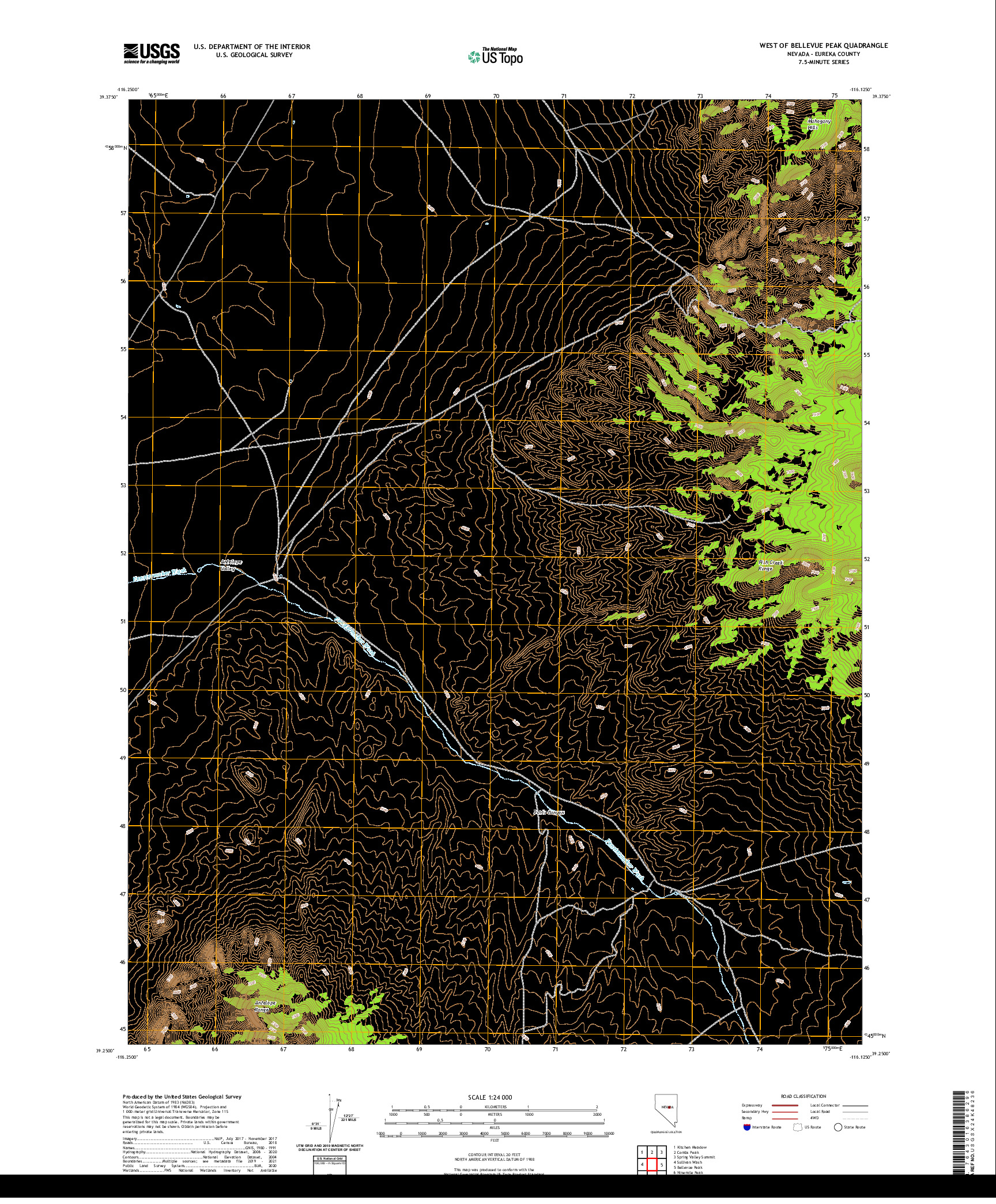 US TOPO 7.5-MINUTE MAP FOR WEST OF BELLEVUE PEAK, NV