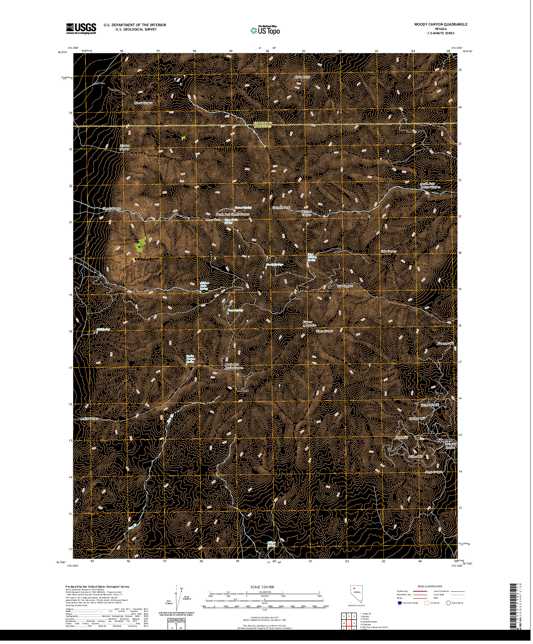 US TOPO 7.5-MINUTE MAP FOR WOODY CANYON, NV